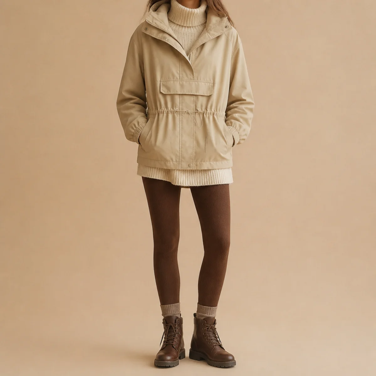 Faceless full-length shot of a hooded anorak over a knit with leggings and boots in autumn