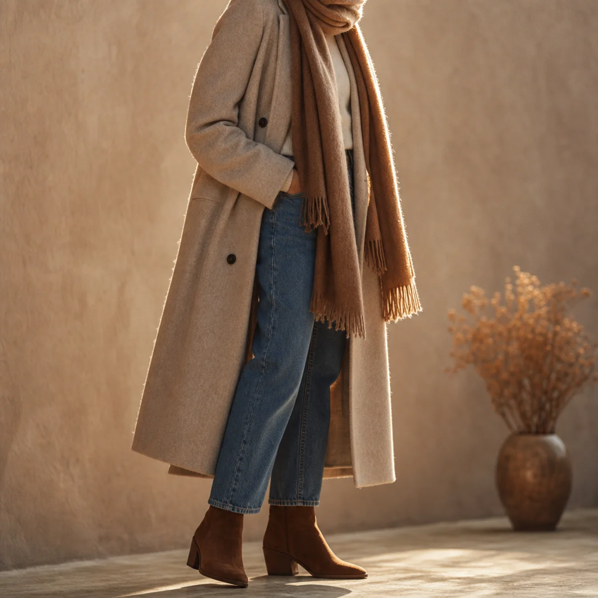 Faceless full-length shot of a long wool coat with a scarf, jeans and boots in autumn rain