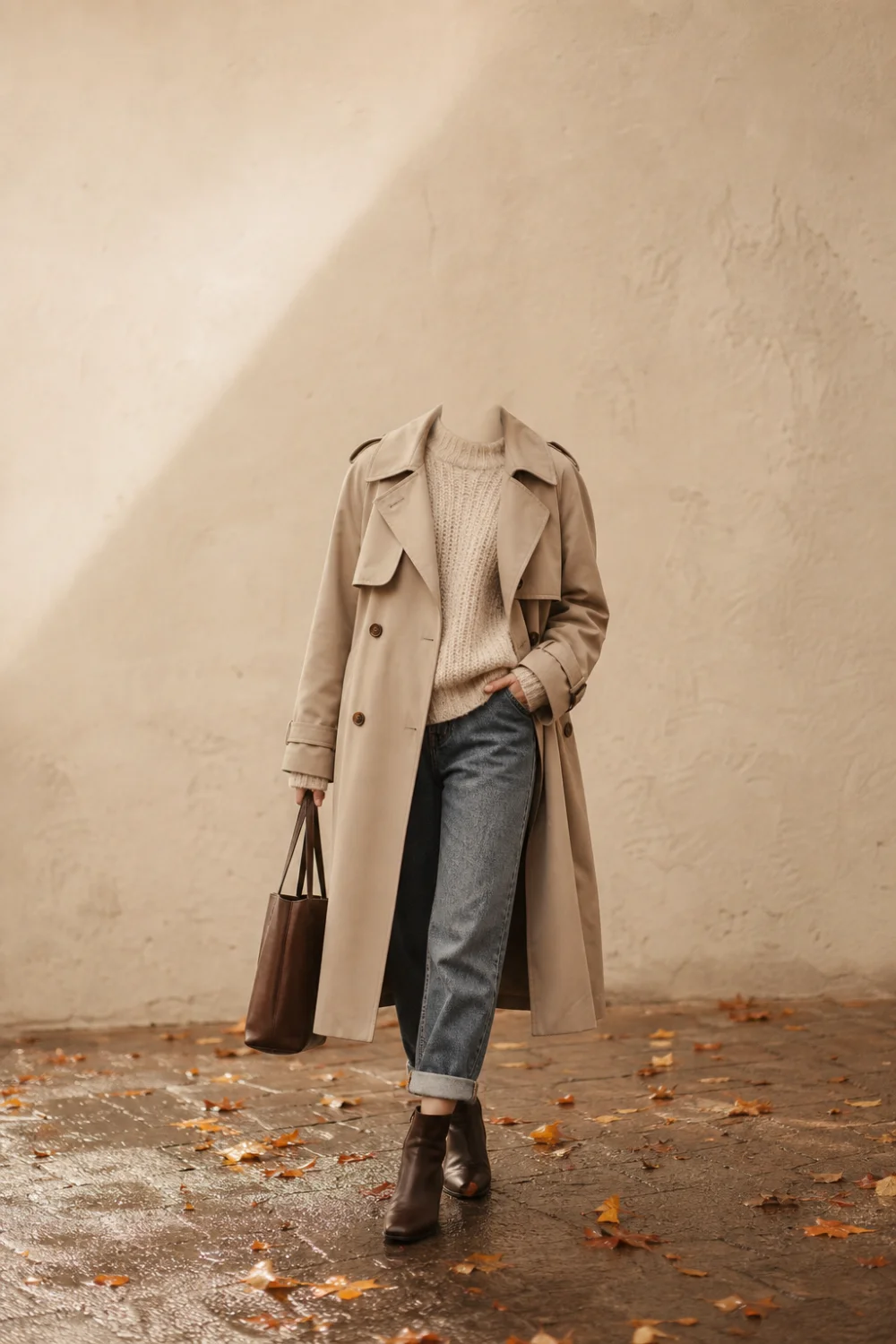 Faceless fall rainy day outfit with a trench, chunky knit and boots