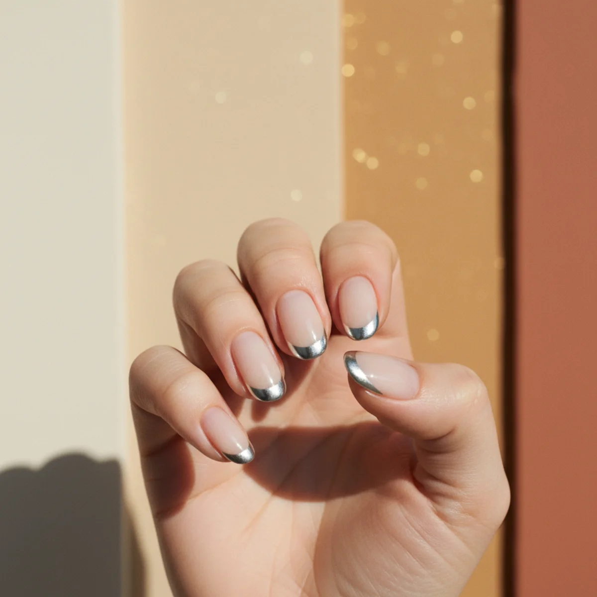 Rounded nails with a sheer base and a silver chrome-powder French tip