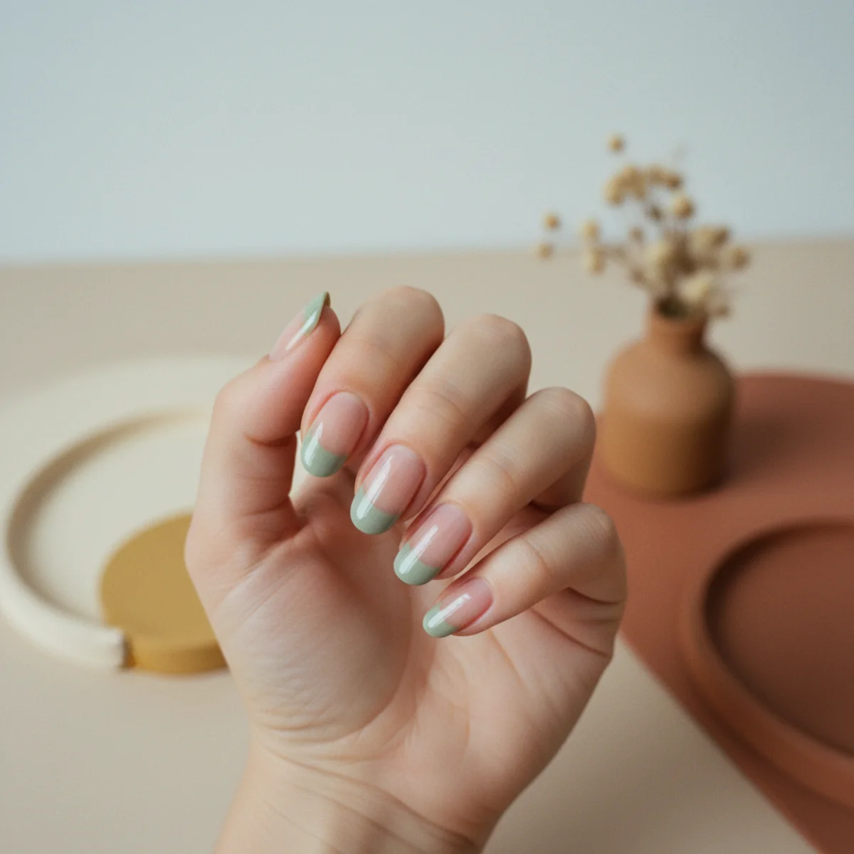 Short oval nails with a sheer nude base and a soft sage-green coloured tip