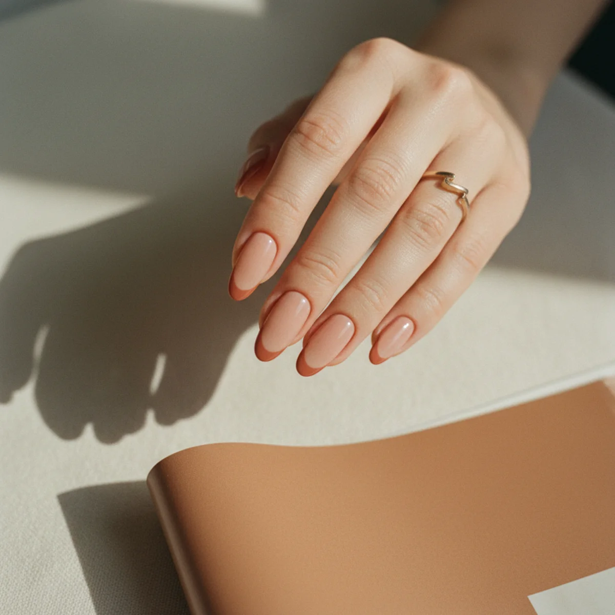Almond nails with a reversed French manicure — nude tip and a coloured half-moon at the base