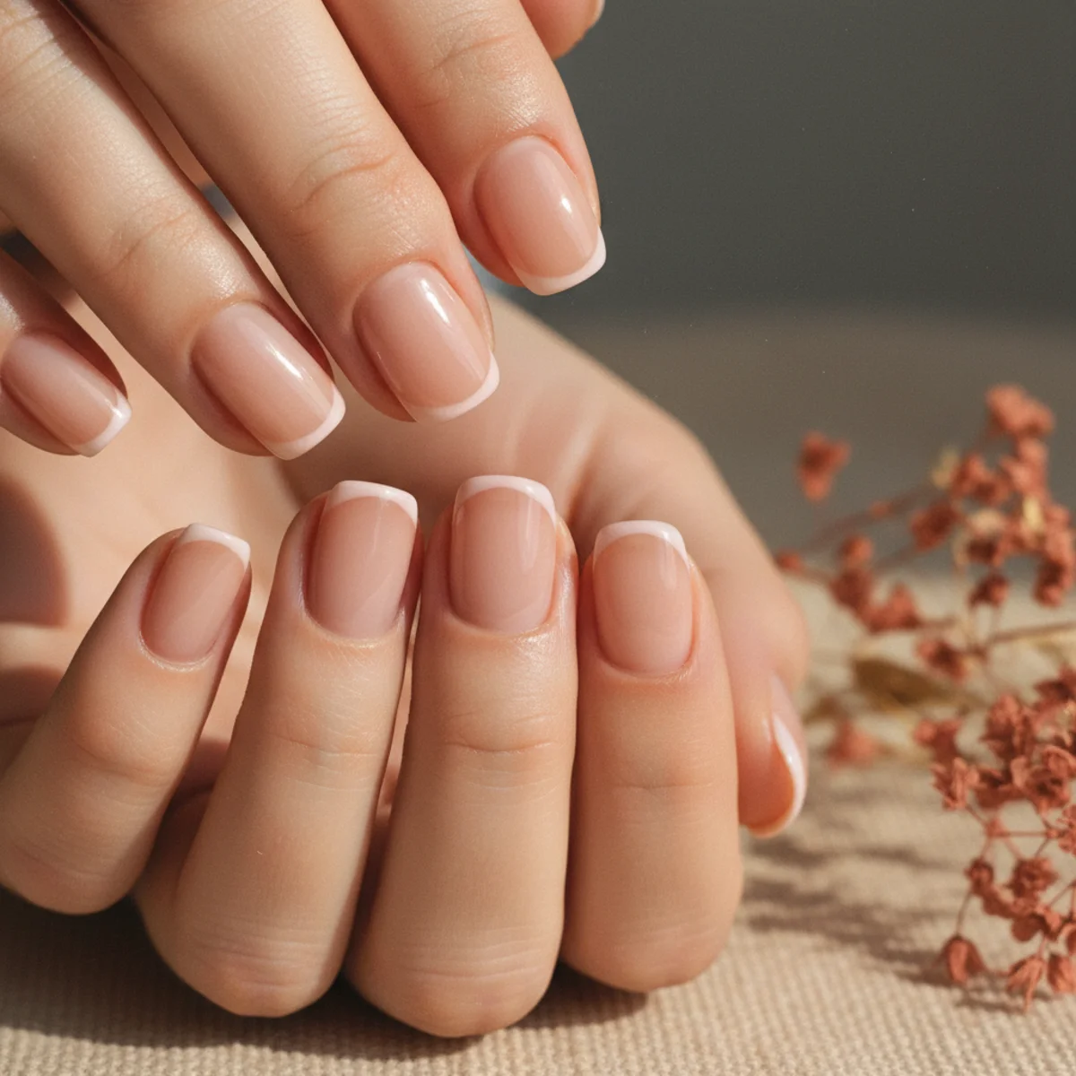 Short rounded nails with a micro-thin soft pink French tip on a sheer nude base