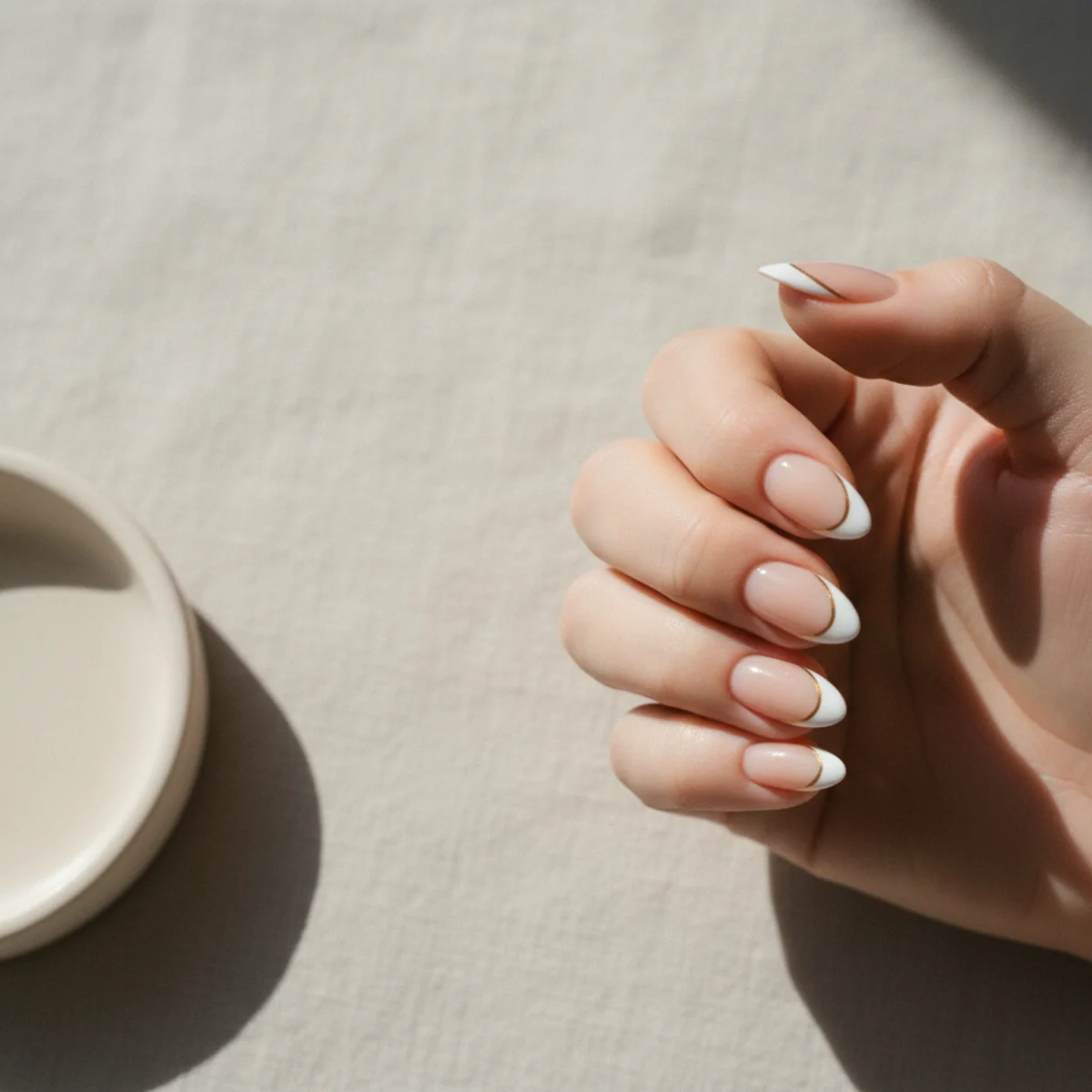 Almond nails with a classic French tip and a fine gold line tracing the smile line