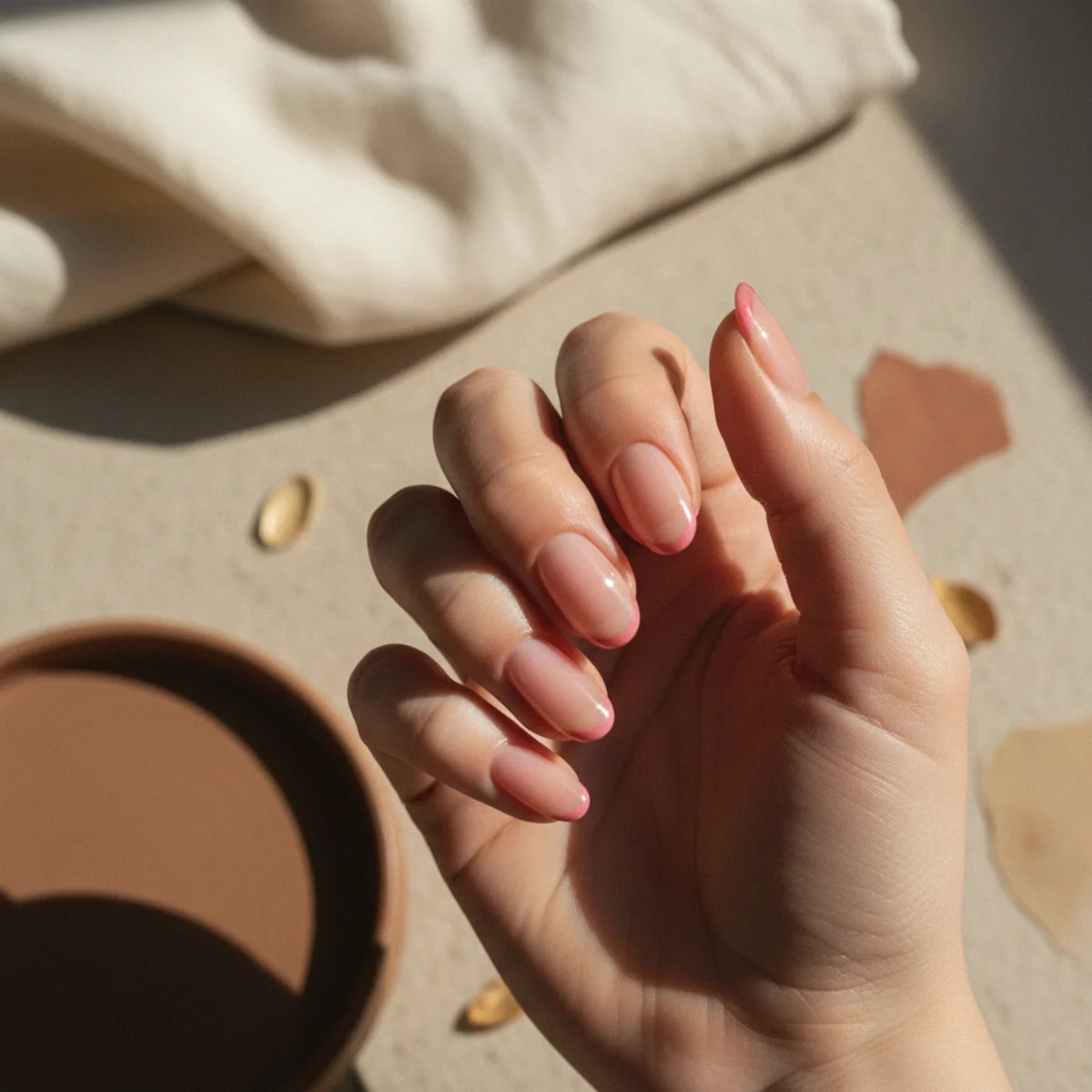 Oval nails with a sheer glazed pink base and a soft chrome pink French tip