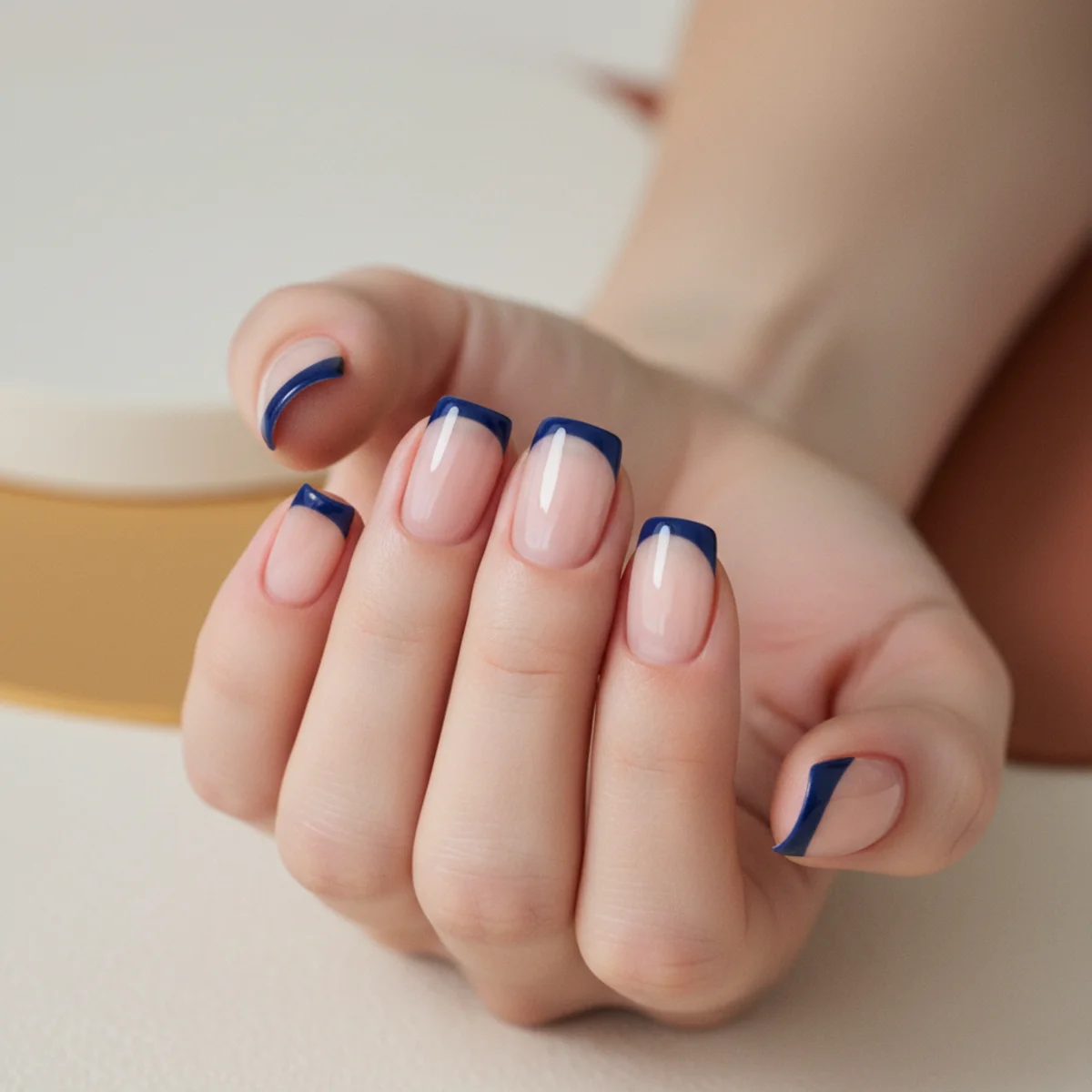 Short square nails with a sheer nude base and a bold navy French tip