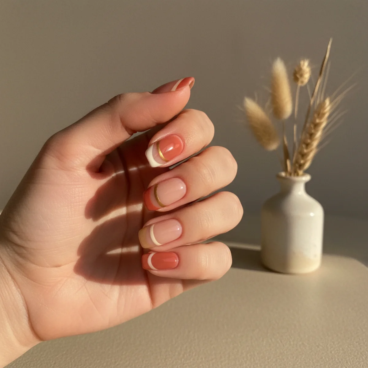 Rounded nails with a sheer base and alternating pastel three-colour French tips per nail