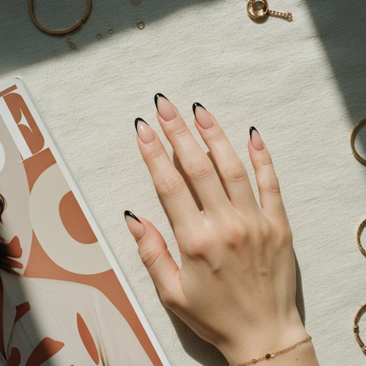 Almond nails with a sheer nude base and a bold graphic black French tip