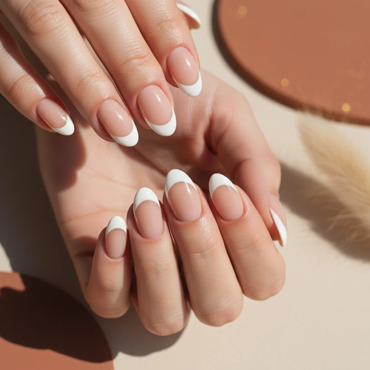 Short almond nails with a white French tip and a negative-space cutout at the base