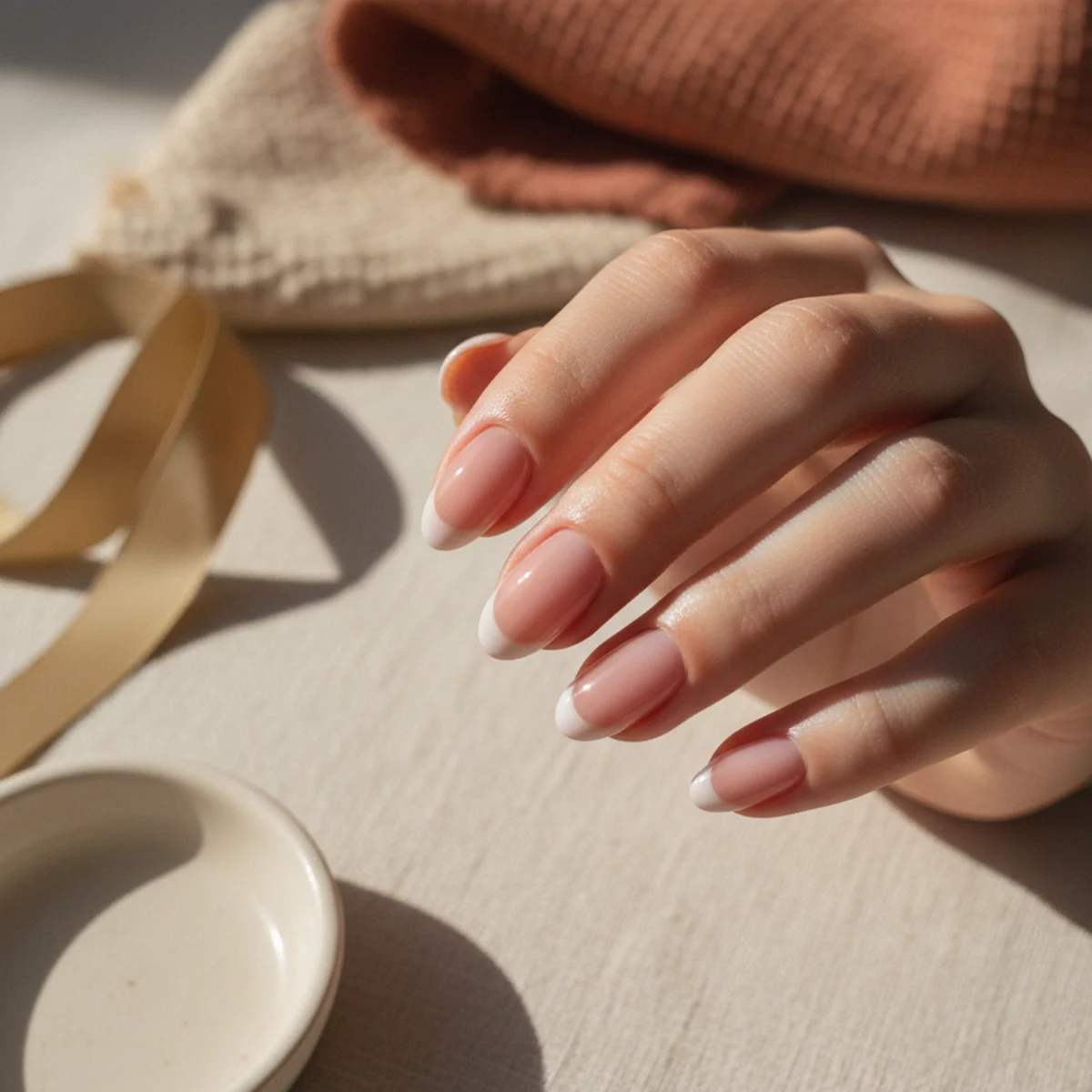 Rounded nails with a nude base and a soft sheer mauve-pink French tip