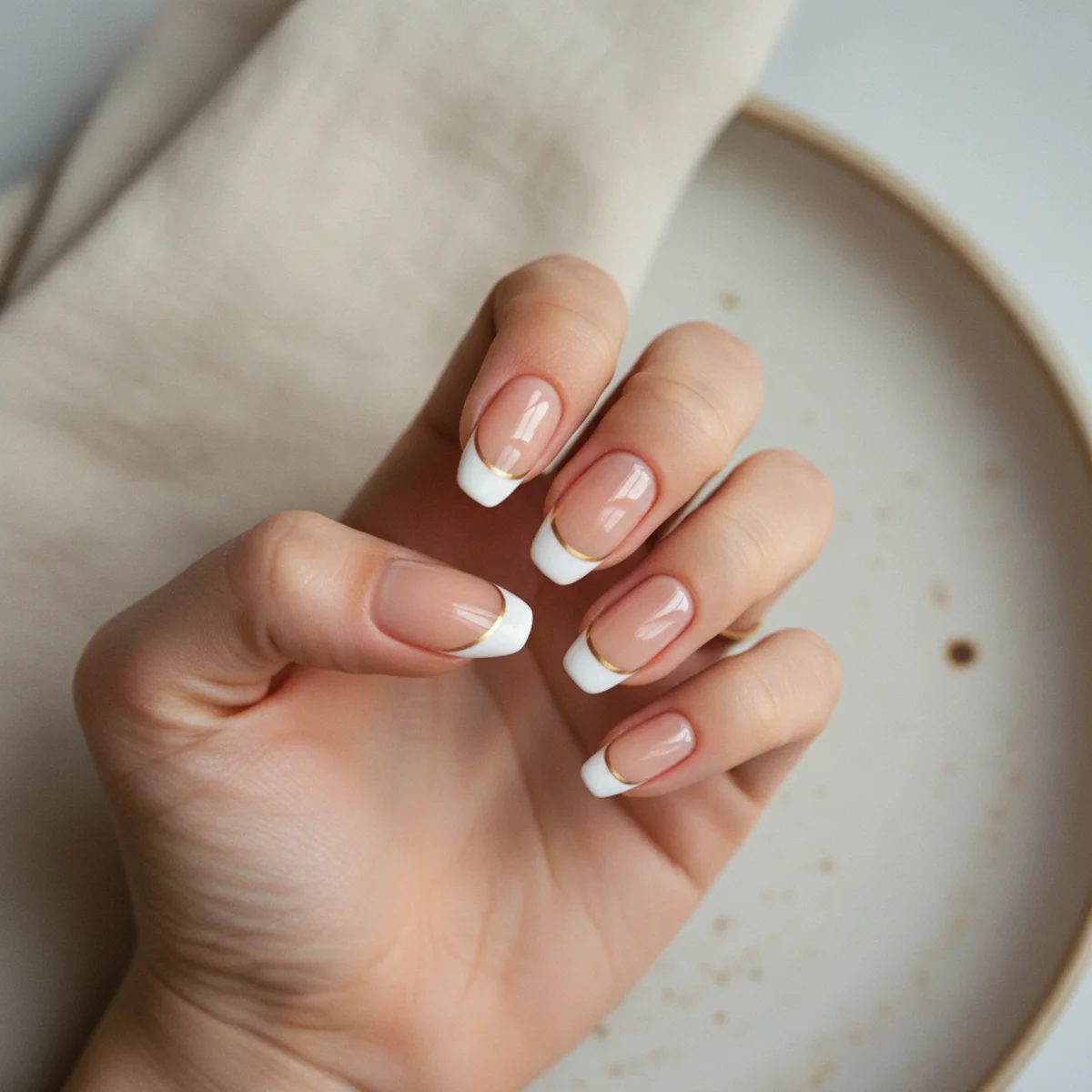Almond nails with a double French tip in white and a fine gold line beneath it