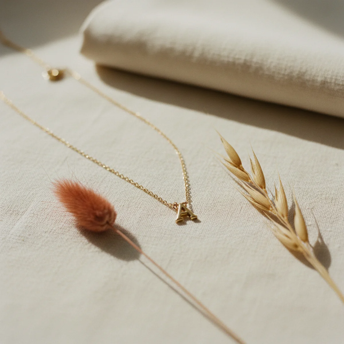 Flat-lay of a delicate gold fine-chain necklace with a small initial charm on a warm cream surface beside dried flowers