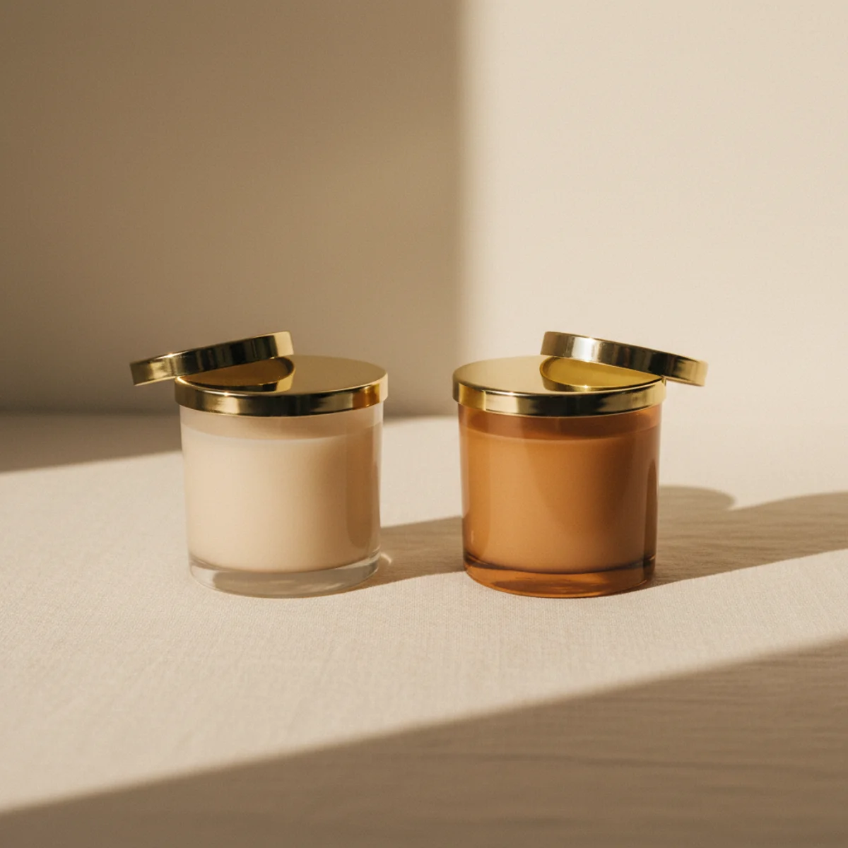 Flat-lay of two elegant glass-jar candles in soft cream and amber tones on a warm linen surface with a sprig of eucalyptus