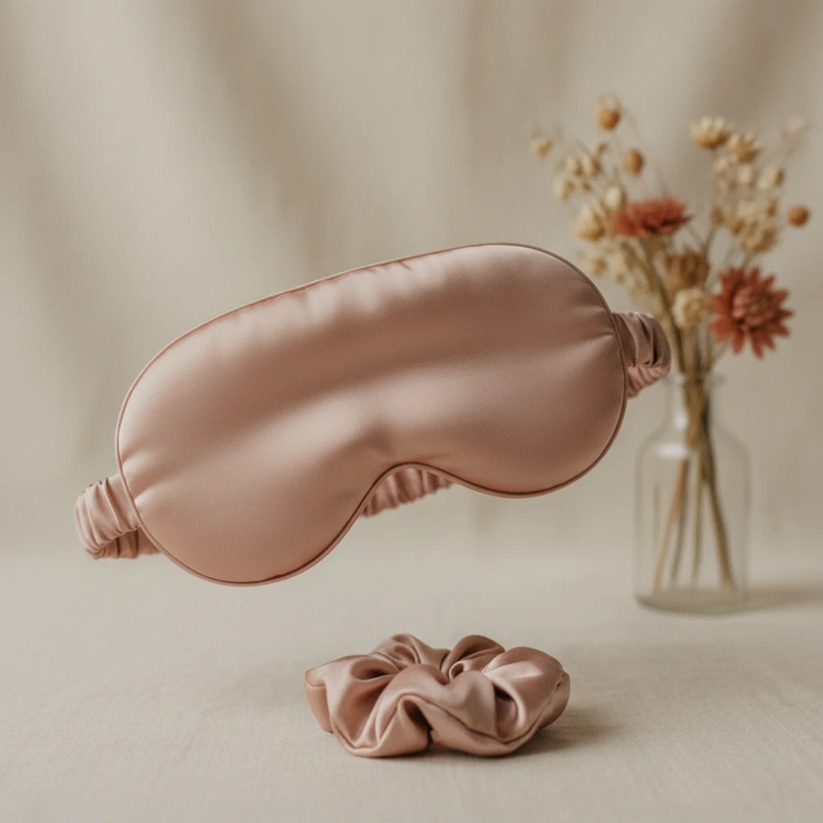Flat-lay of a soft blush silk sleep mask and matching silk scrunchie set on a pale cream linen background