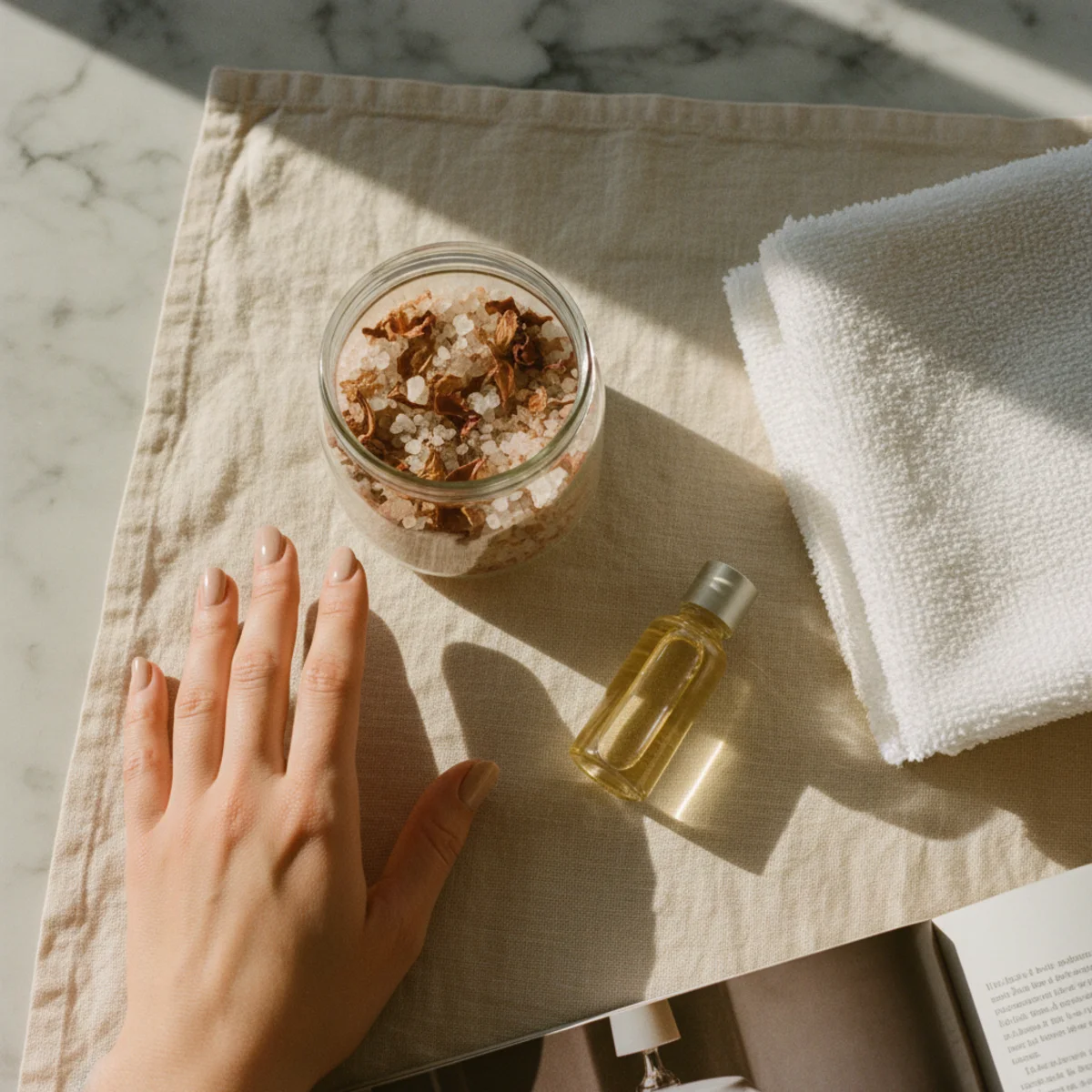 Flat-lay of a curated bath set with a bath soak jar, small oil vial and a folded white washcloth on a marble surface