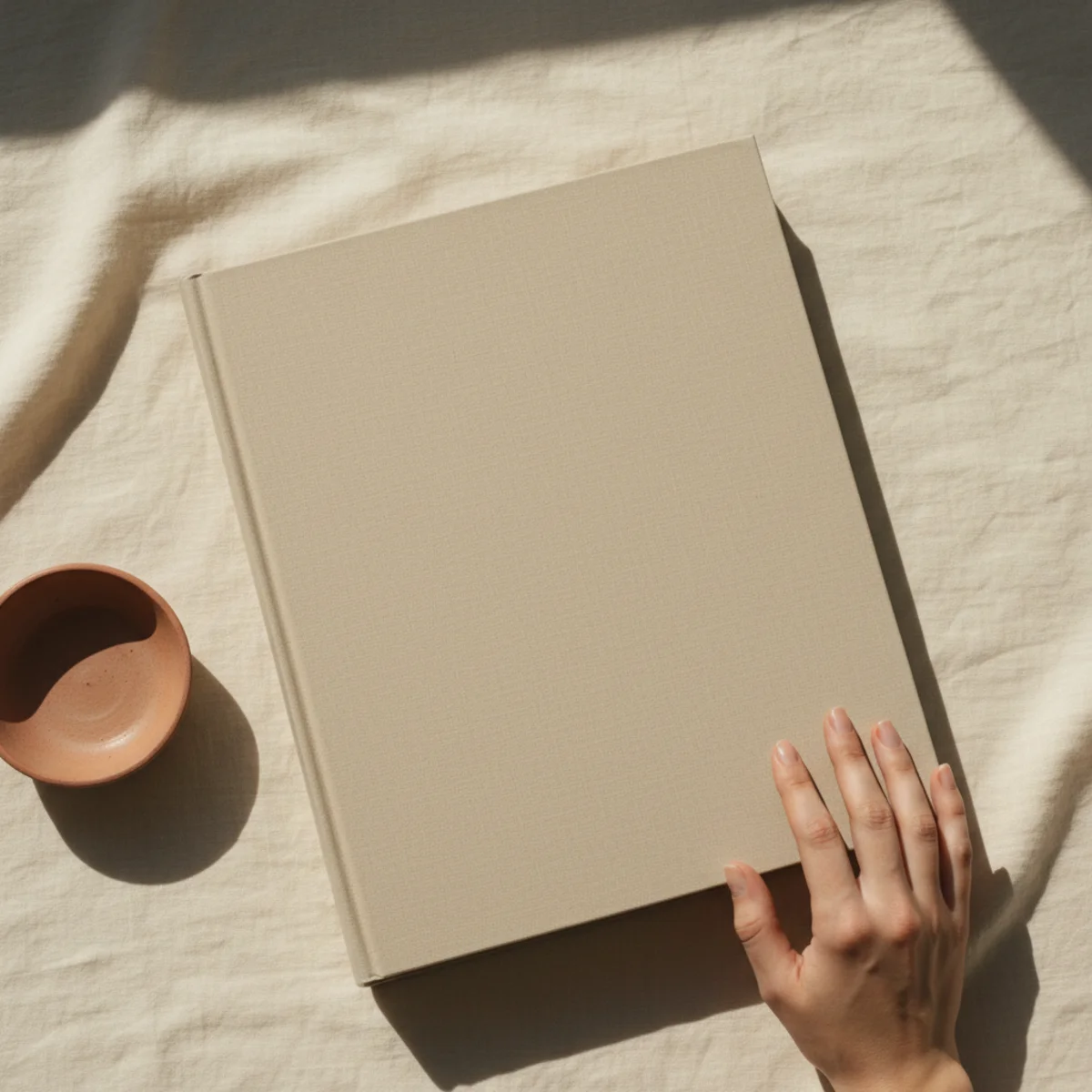 Flat-lay of a large format photography or fashion coffee table book on a cream surface with a small ceramic beside it