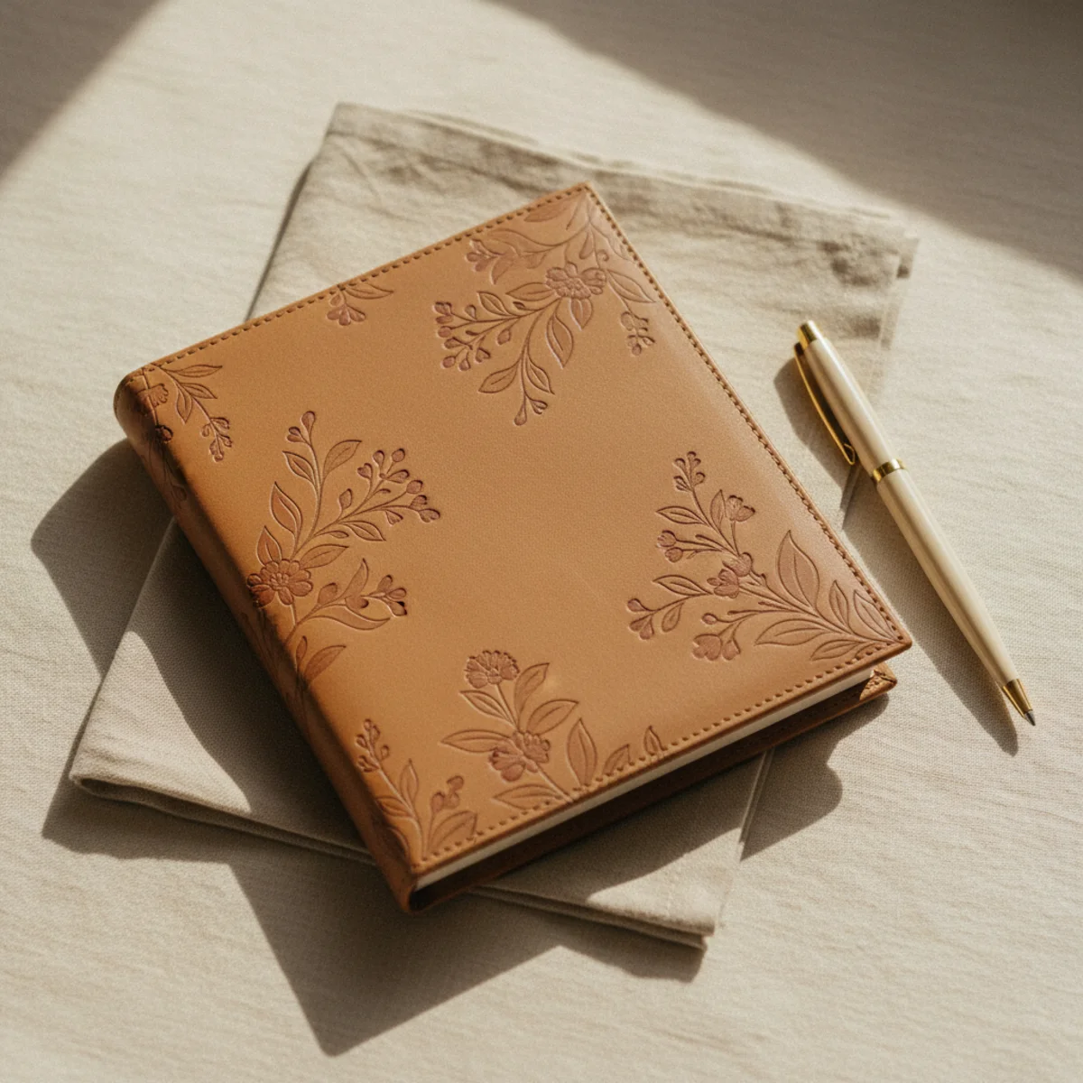 Flat-lay of a tan leather-covered journal with an embossed botanical motif, beside a gold-tipped pen on cream linen