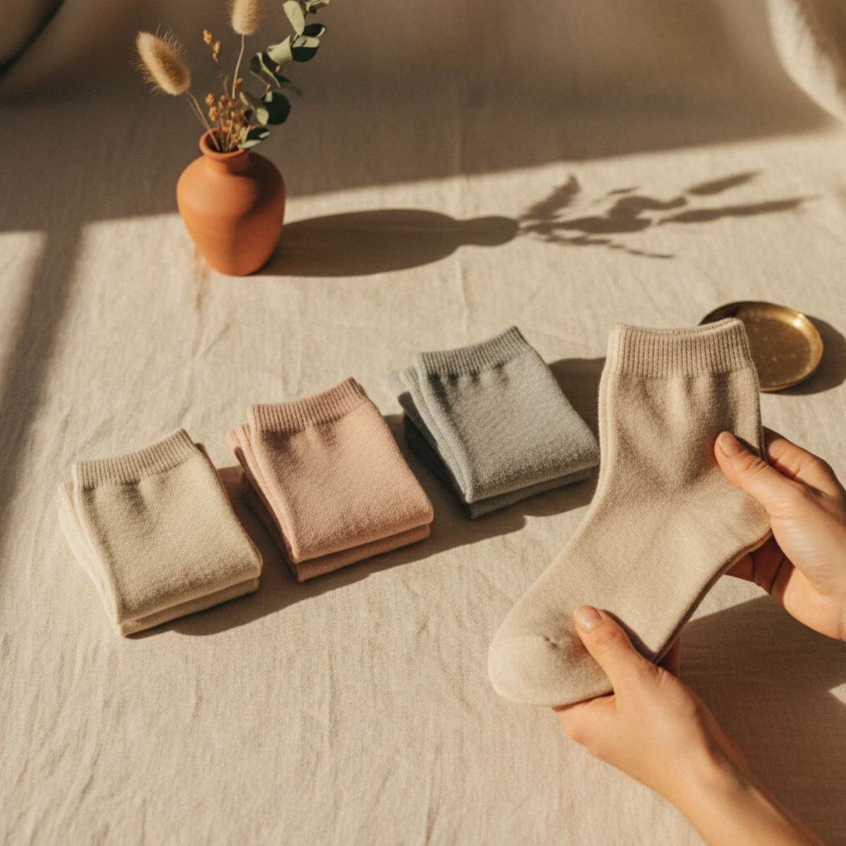 Flat-lay of three pairs of neatly folded cashmere-blend socks in soft tones of oat, blush and grey on a warm linen background
