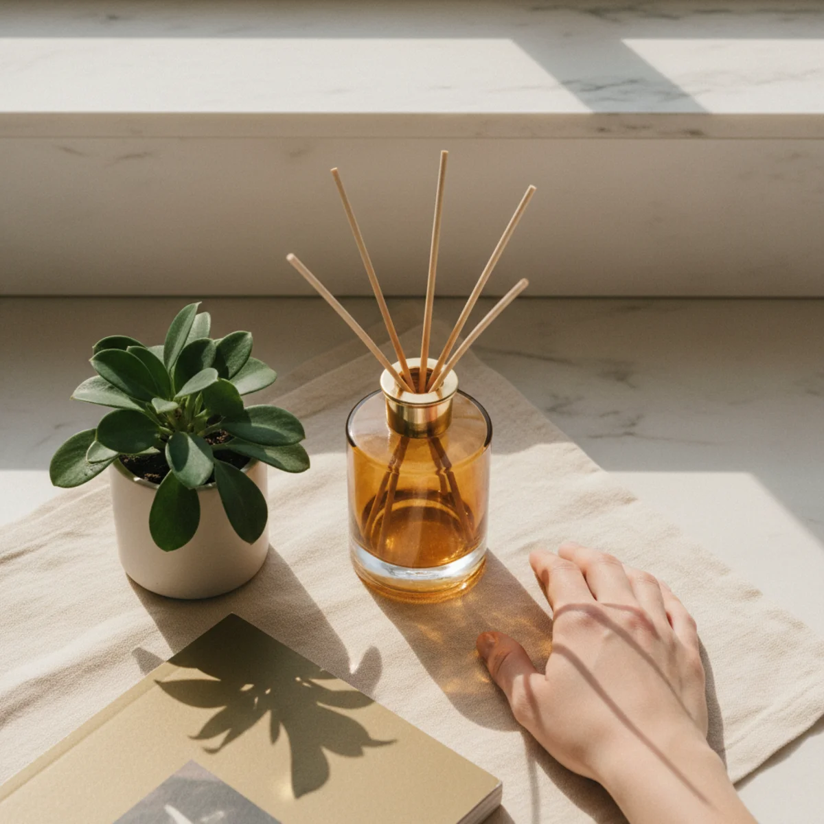 Flat-lay of a tall glass reed diffuser in a warm amber or blush tone on a marble shelf beside a small plant