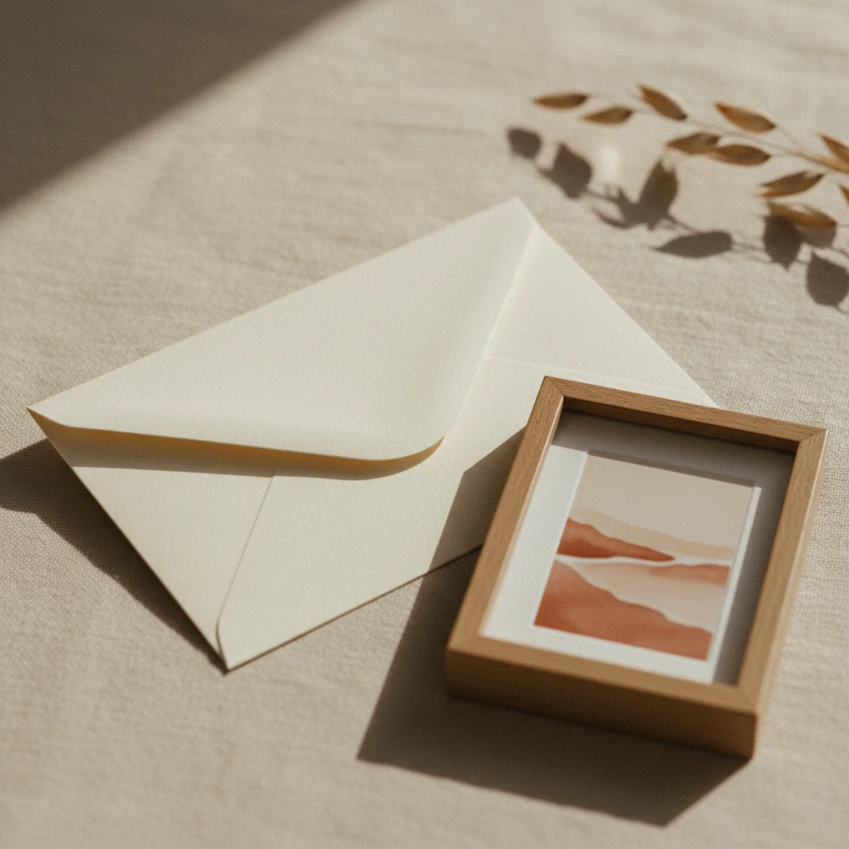 Flat-lay of a folded gift card envelope and a small framed art print on a warm neutral desk surface