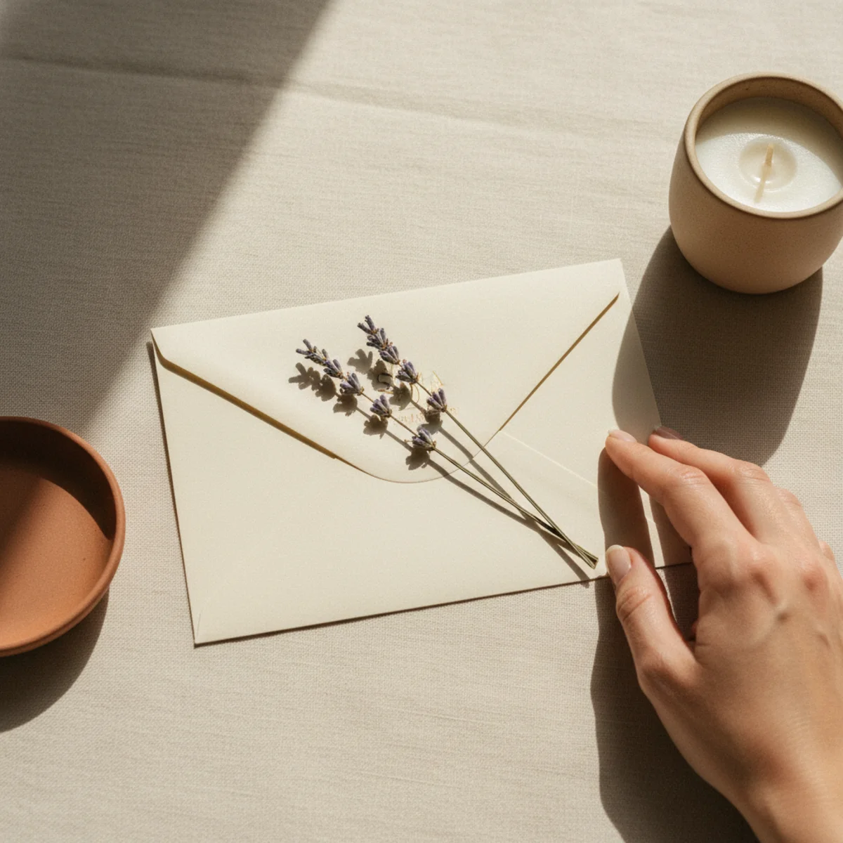 Flat-lay of a cream gift voucher envelope with a sprig of lavender on a warm linen surface beside a small candle