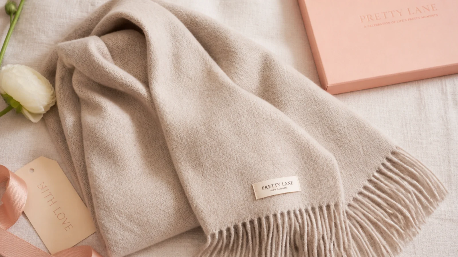 Flat-lay of a folded oversized two-ply cashmere scarf in soft oatmeal on a warm cream linen surface