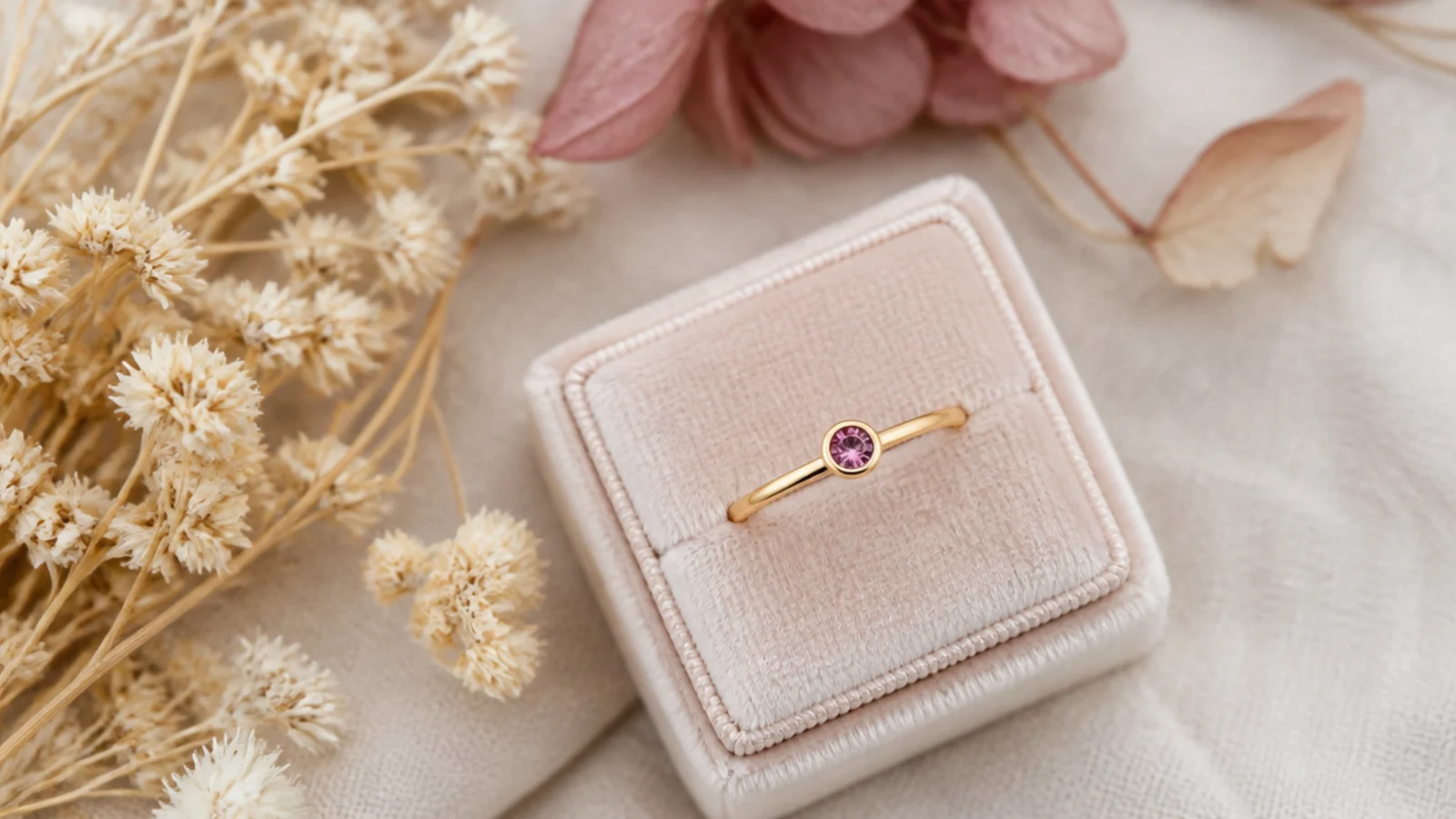 Flat-lay of a delicate gold birthstone stacking ring on a small velvet cushion beside dried flowers on cream linen