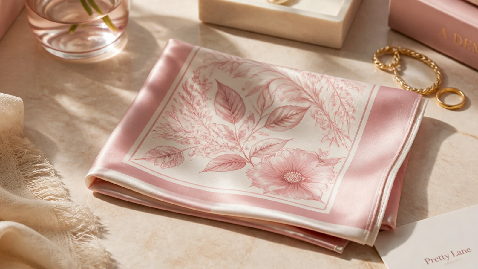 Flat-lay of a folded square pure silk hair scarf in soft blush and cream print on a warm neutral surface
