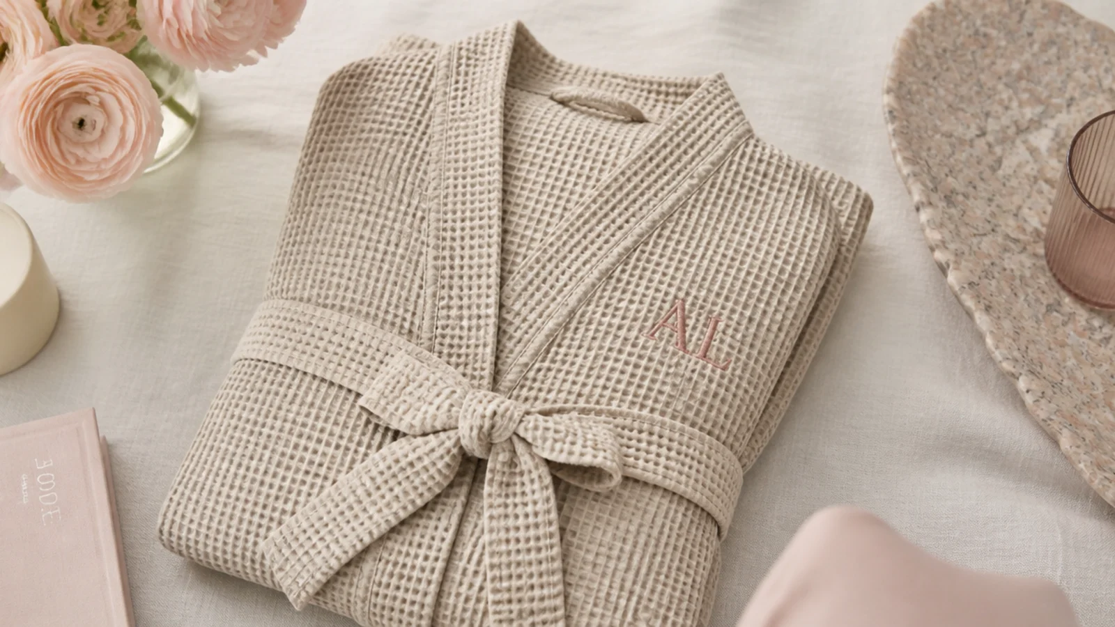 Flat-lay of a folded oatmeal waffle-knit robe with a small embroidered monogram on a warm cream linen surface