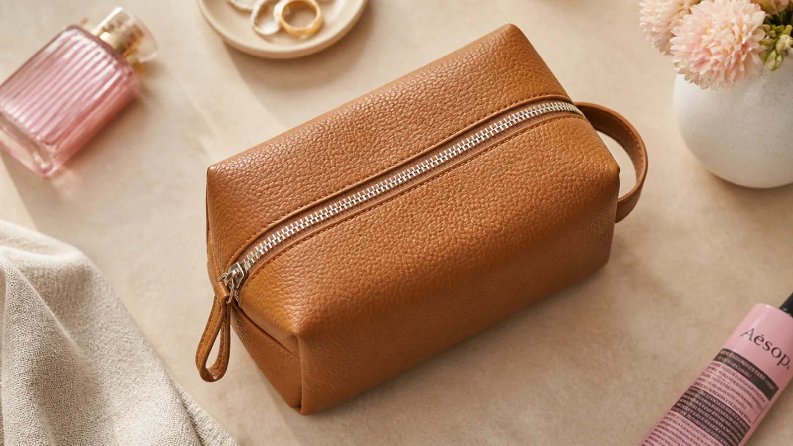 Flat-lay of a structured tan leather toiletry wash bag with a zip closure on a warm neutral surface
