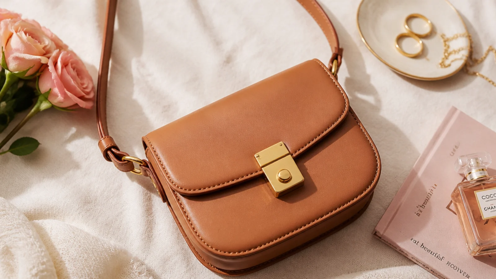 Flat-lay of a small structured tan leather crossbody bag with a gold clasp on a warm cream linen surface
