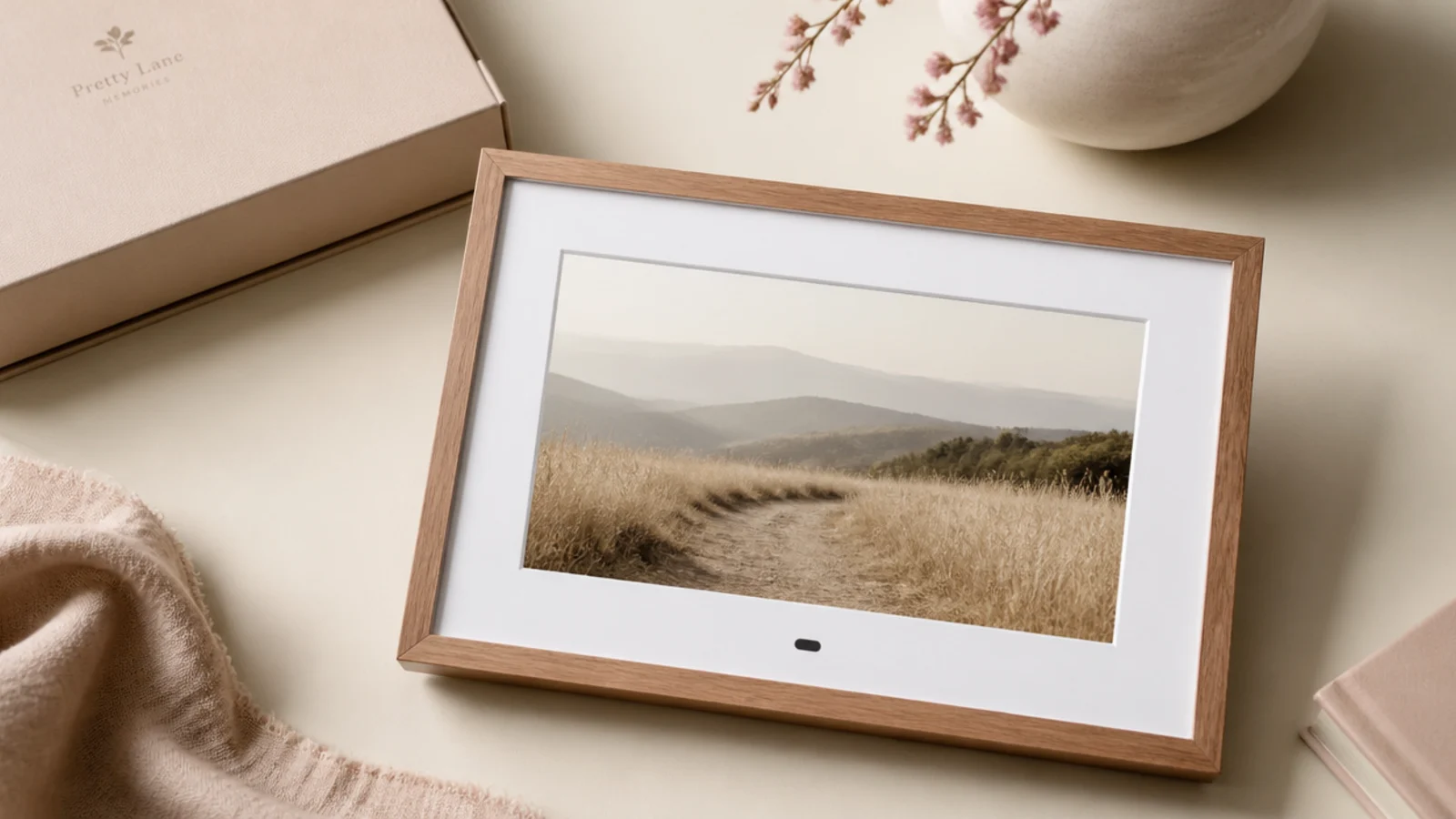 Flat-lay of a small wood-framed digital photo frame displaying a neutral landscape on a warm cream surface
