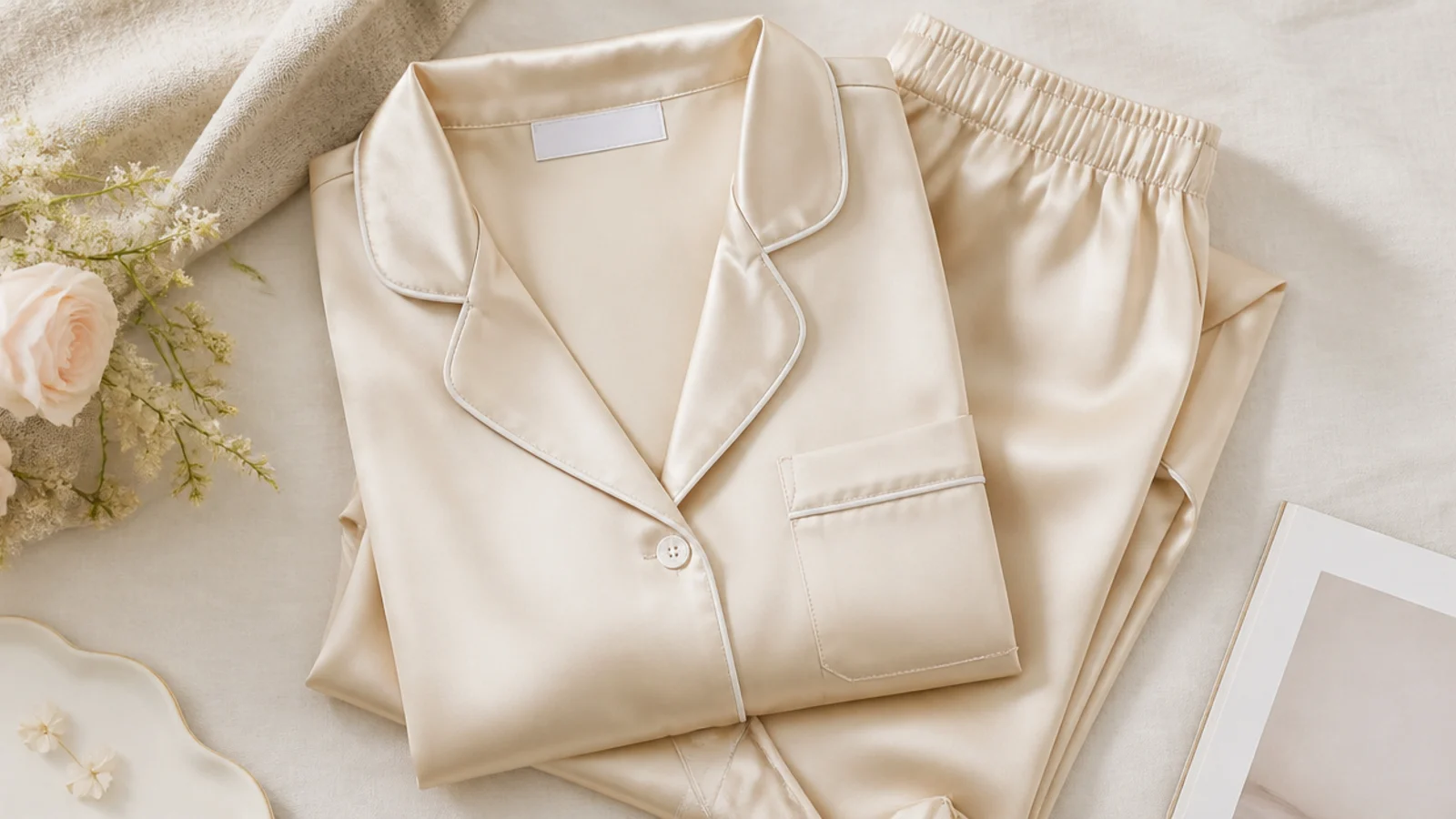 Flat-lay of a folded champagne silk pajama set with piped edges on a pale cream linen surface