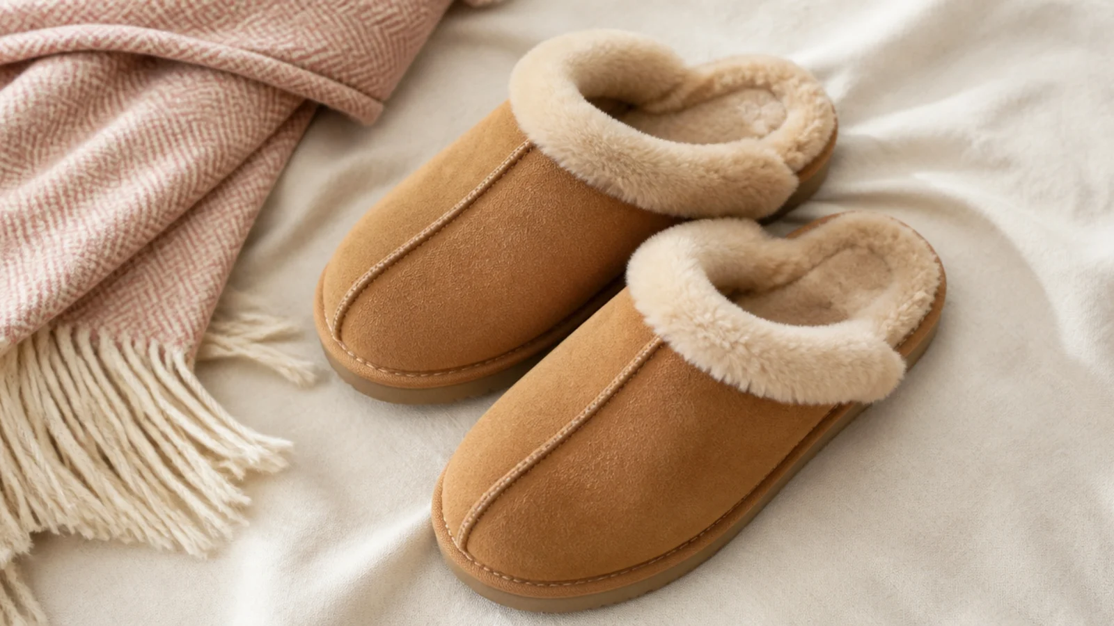 Flat-lay of a pair of soft tan shearling-lined slippers on a warm cream linen surface beside a folded throw