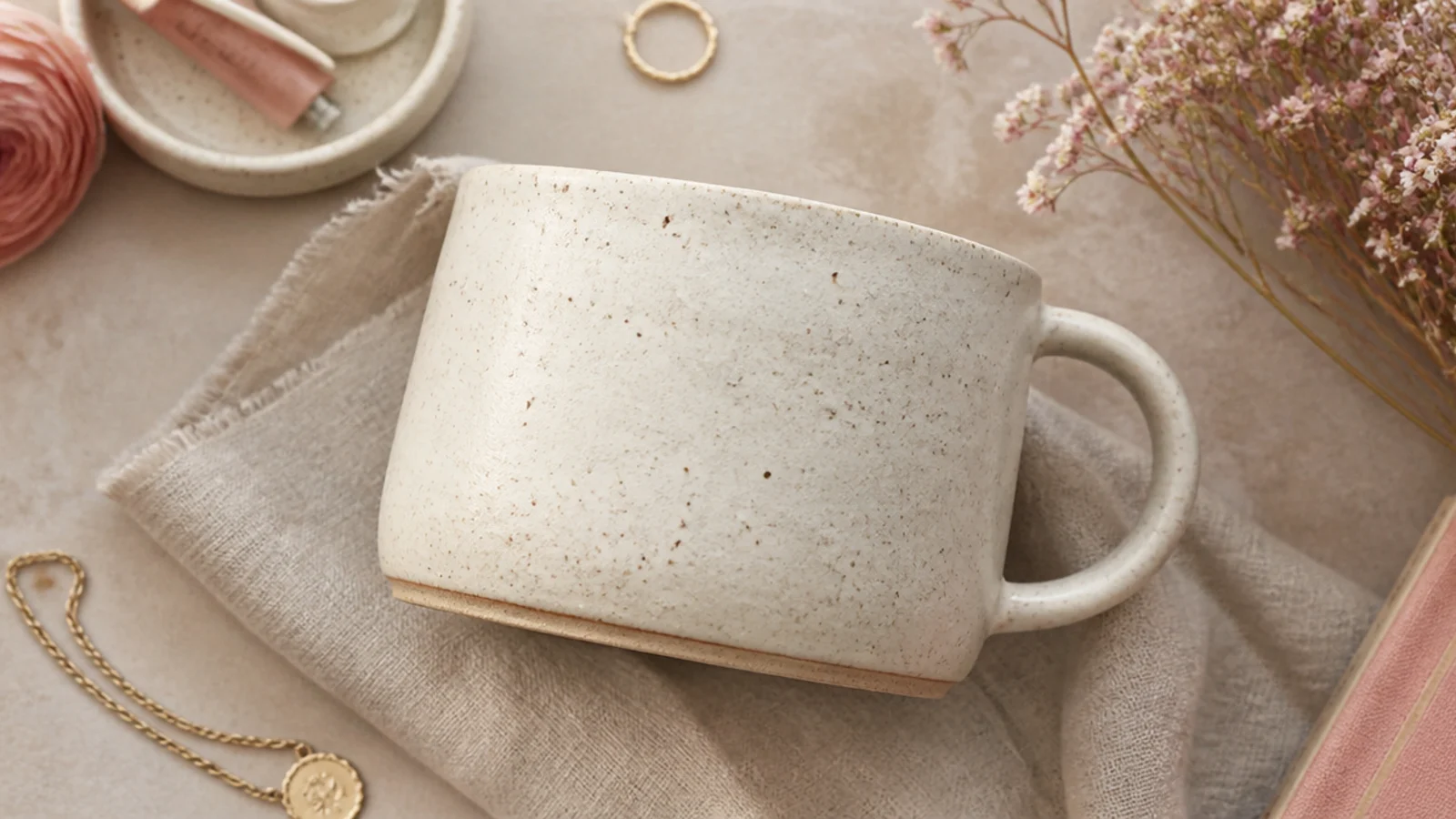 Flat-lay of a handmade speckled cream ceramic mug with a soft matte glaze on a warm neutral surface