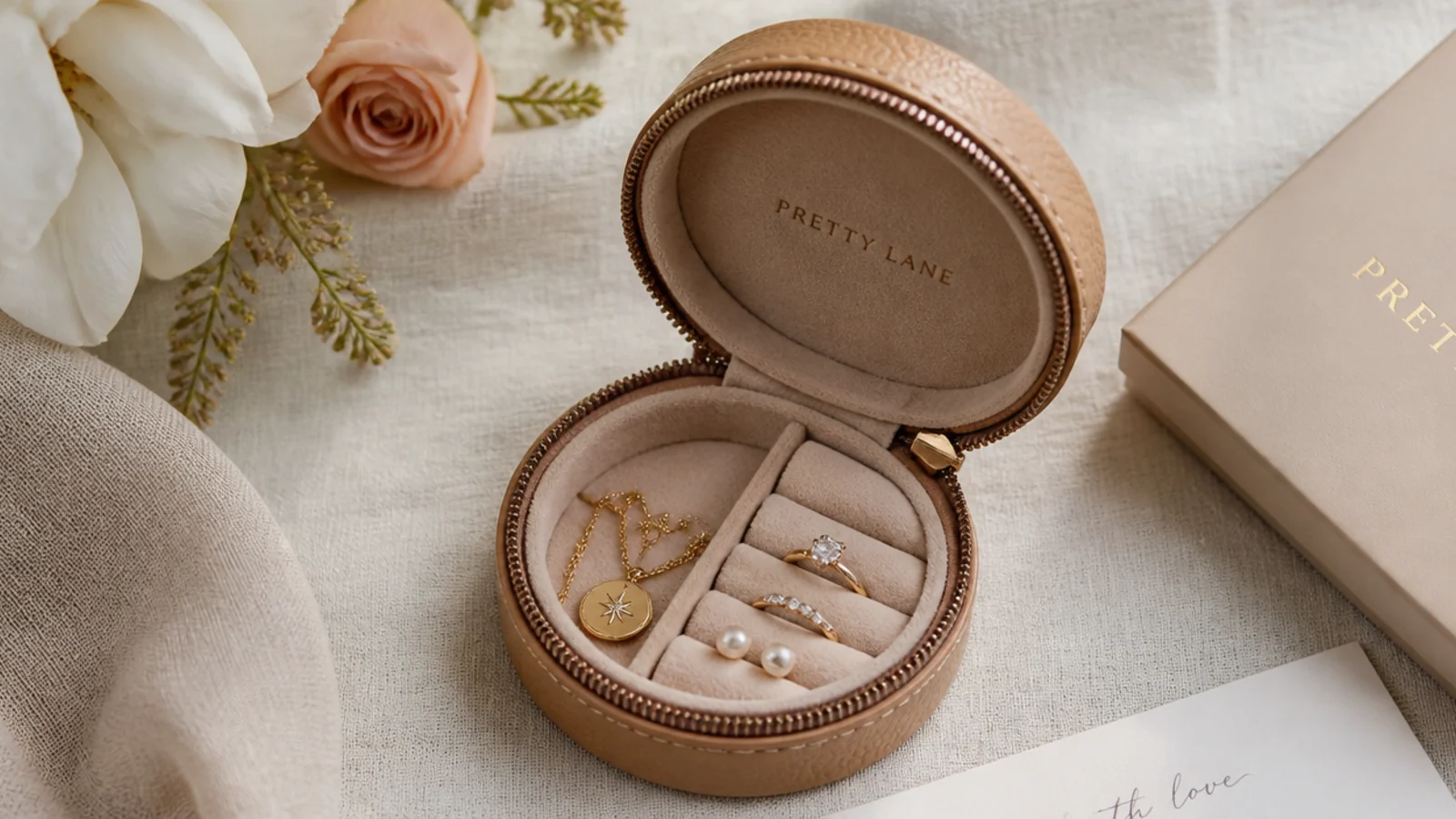 Flat-lay of a small round tan leather travel jewelry case open to show soft compartments on a cream linen surface