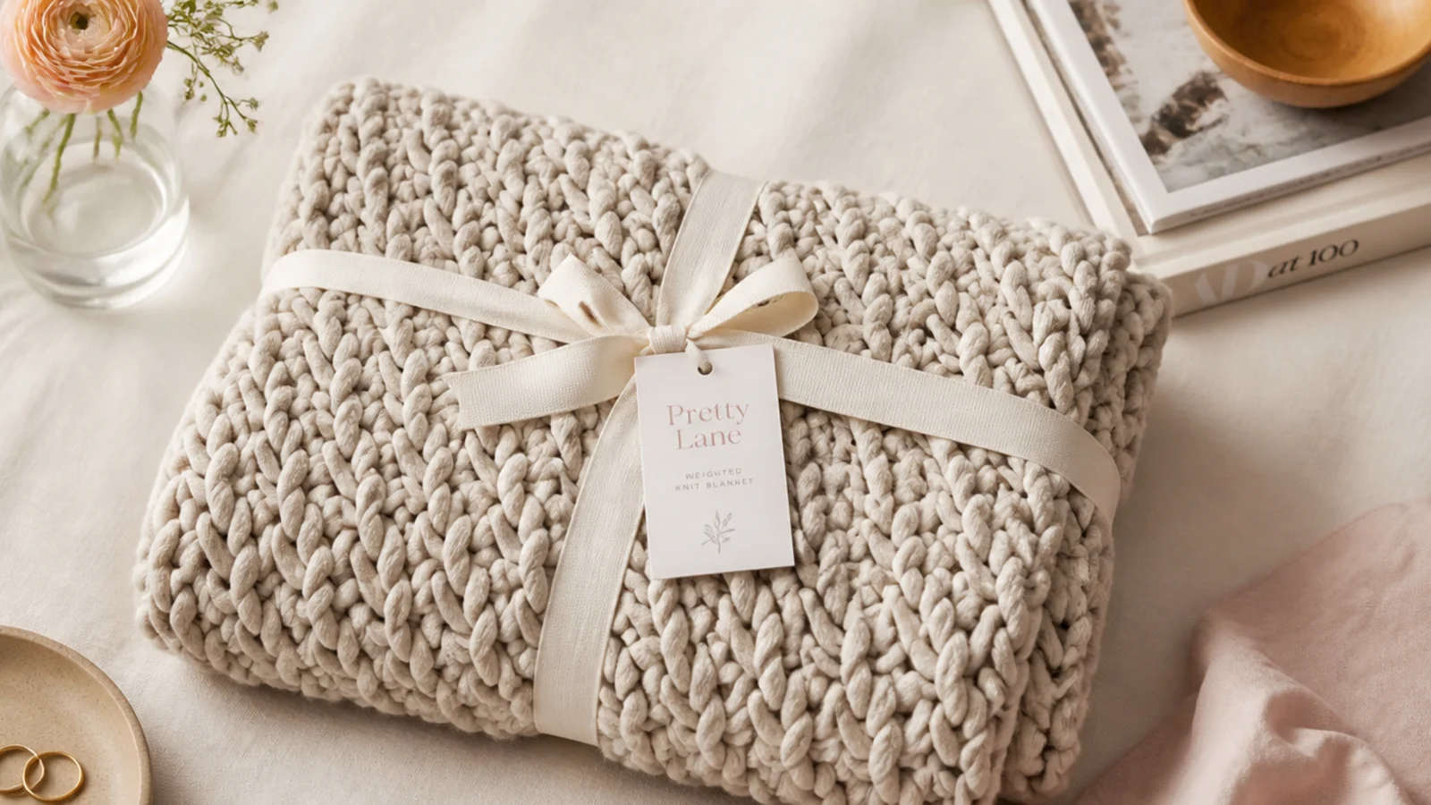 Flat-lay of a folded chunky knit weighted throw blanket in soft oatmeal on a warm cream linen surface