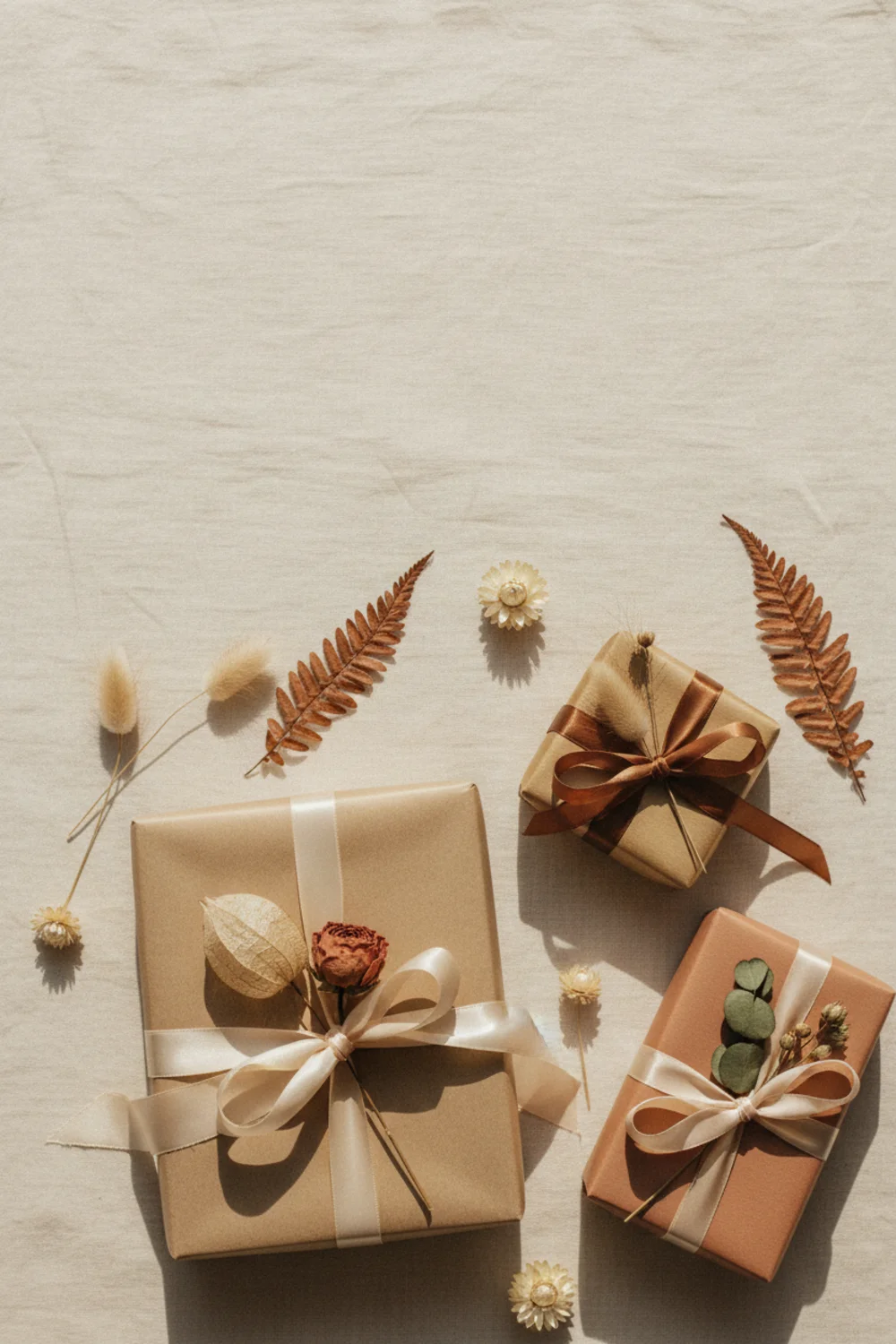 Tasteful flat-lay of a candle, small jewellery box and a silk scrunchie on a warm linen background
