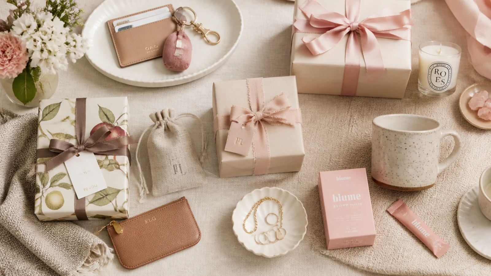 Faceless flat-lay grouping small gifts into tiers by closeness on a warm neutral surface