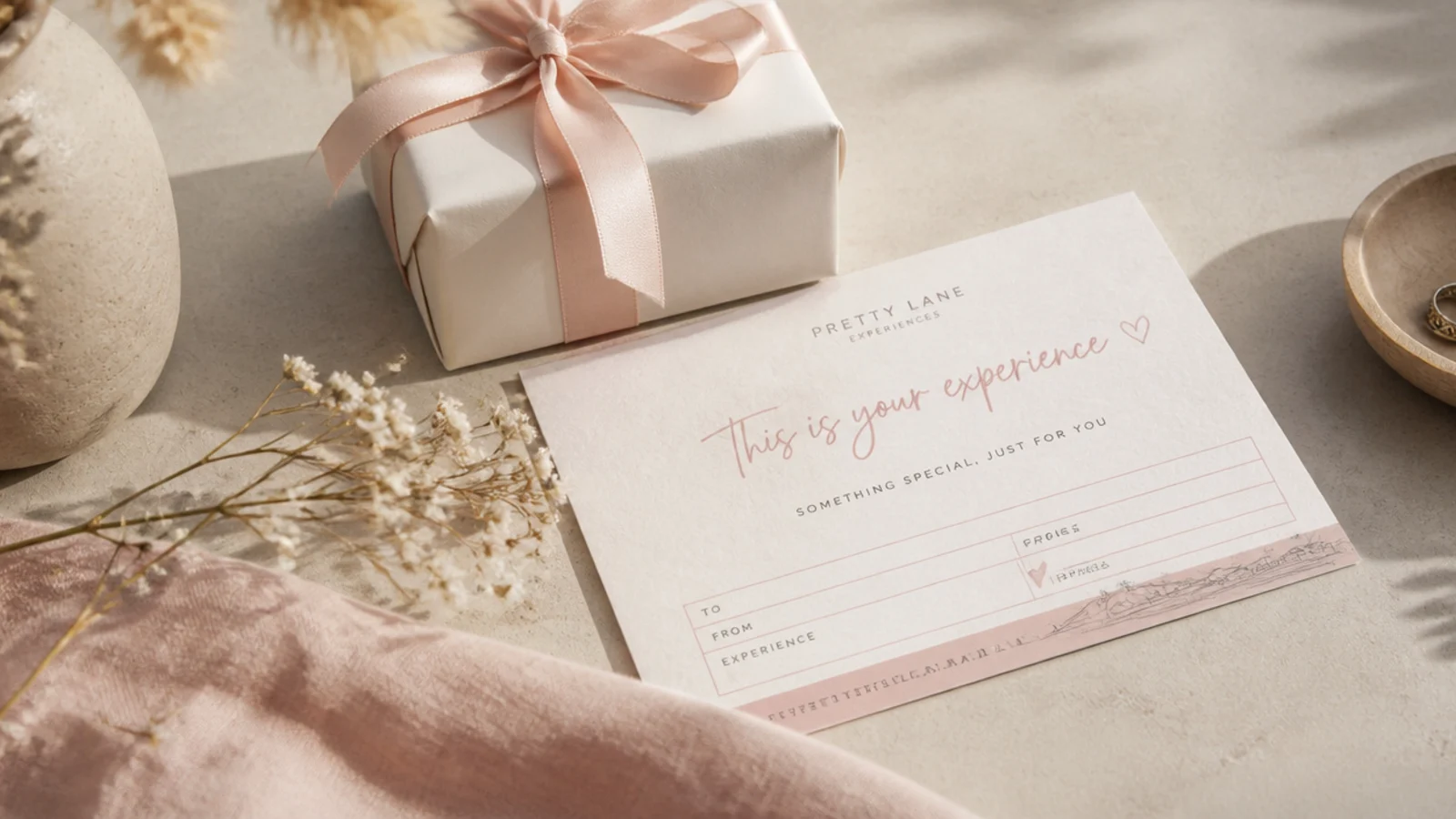 Faceless shot of a printed experience voucher beside a small wrapped physical gift on a neutral surface