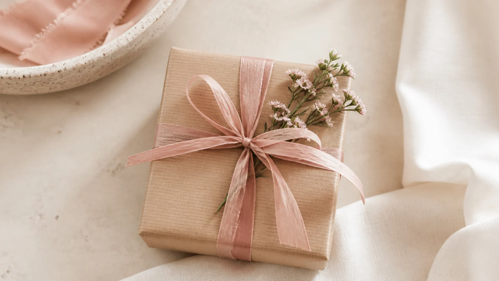 Faceless shot of a single beautifully wrapped small gift on a clean neutral surface