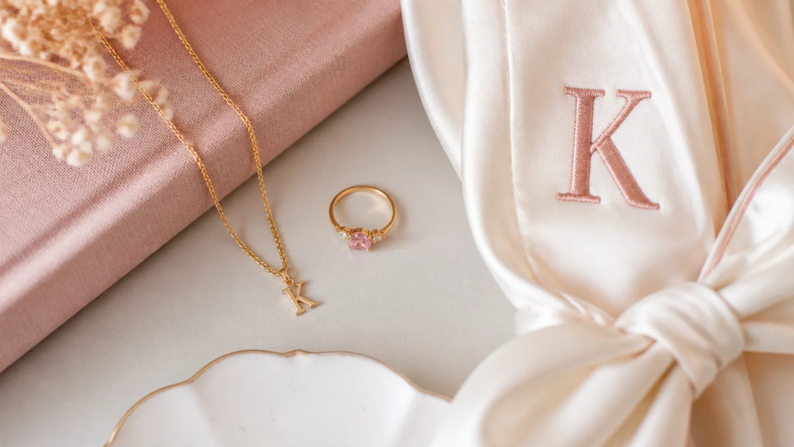 Faceless flat-lay of an initial necklace, a monogrammed robe corner and a birthstone ring arranged together