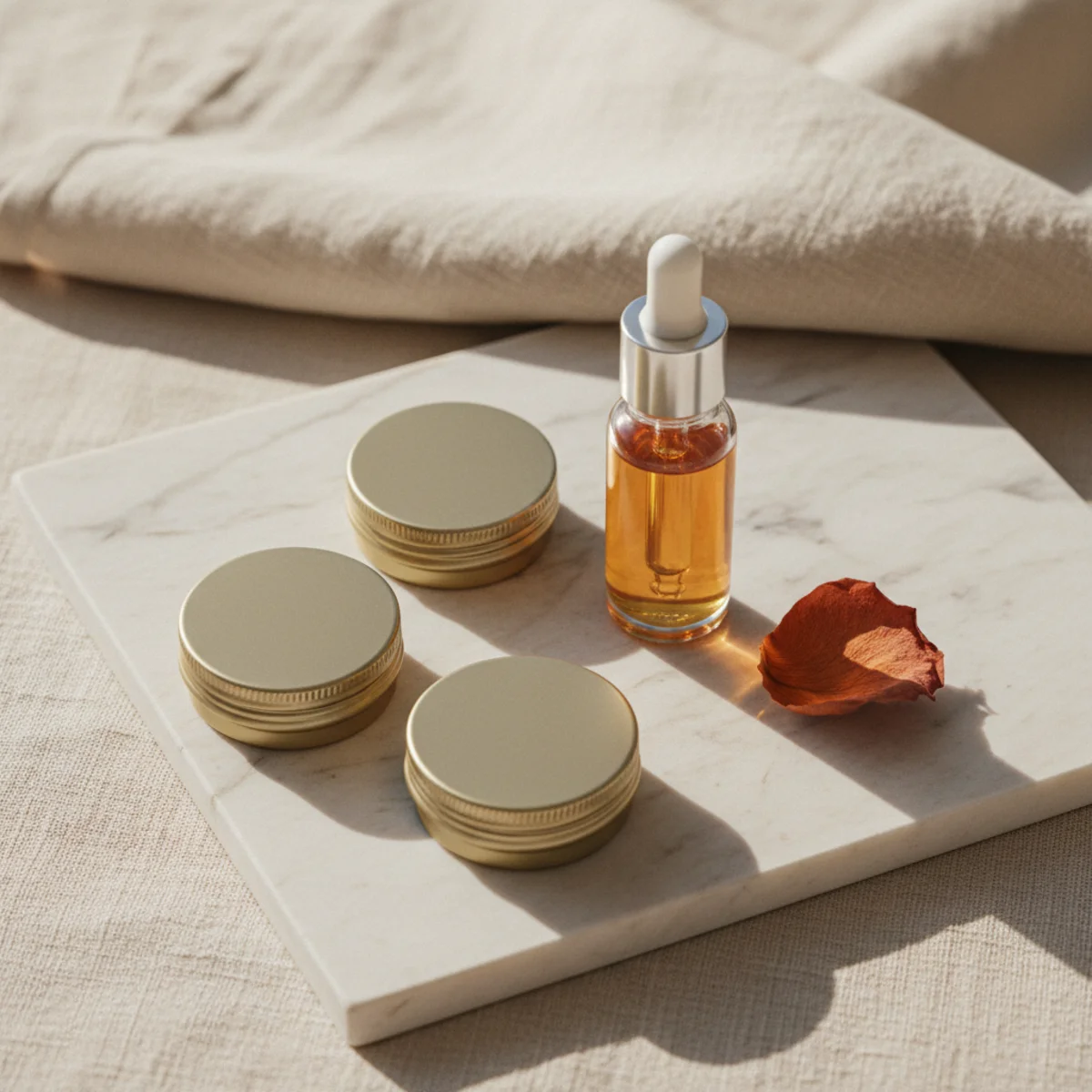 Flat-lay of three small lip balms and a lip oil vial arranged on a marble tile with a dried rose petal