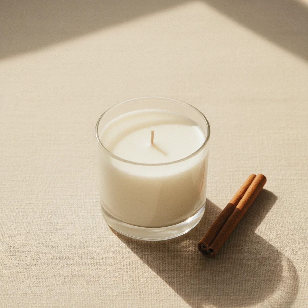 Flat-lay of a single clean white soy wax candle in a glass jar on a warm cream linen surface with a cinnamon stick beside it