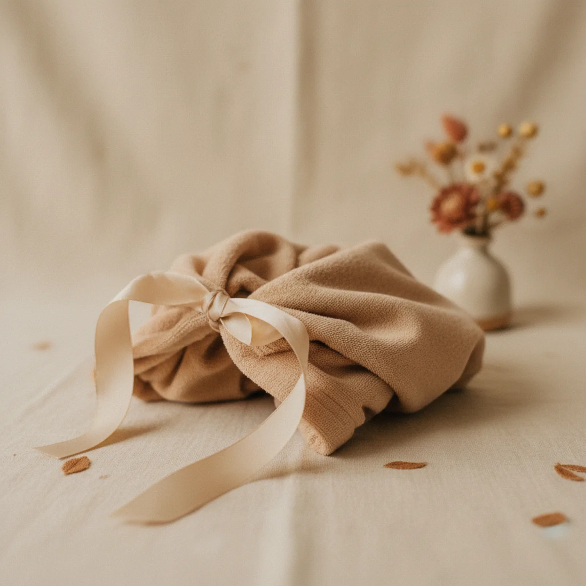 Flat-lay of a neatly folded blush or oat bamboo hair wrap towel tied with a satin ribbon on a pale cream background