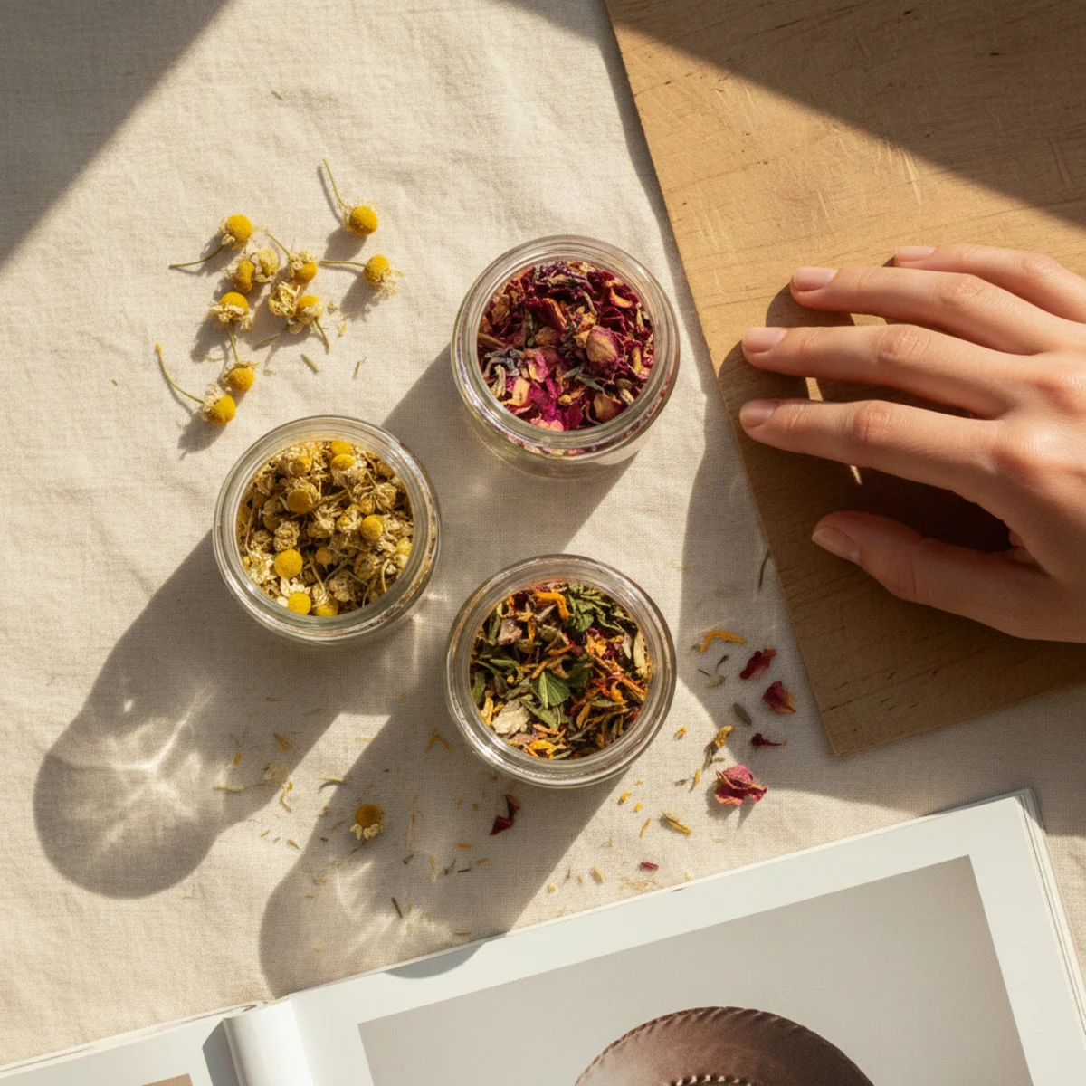 Flat-lay of two or three small kraft or glass jars of loose-leaf floral tea blend on a warm wood surface with dried chamomile beside them