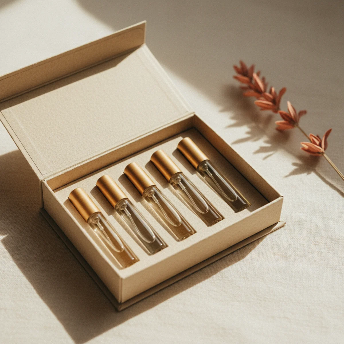 Flat-lay of four small vial-size fragrance bottles in a small box on a cream surface beside a sprig of dried lavender
