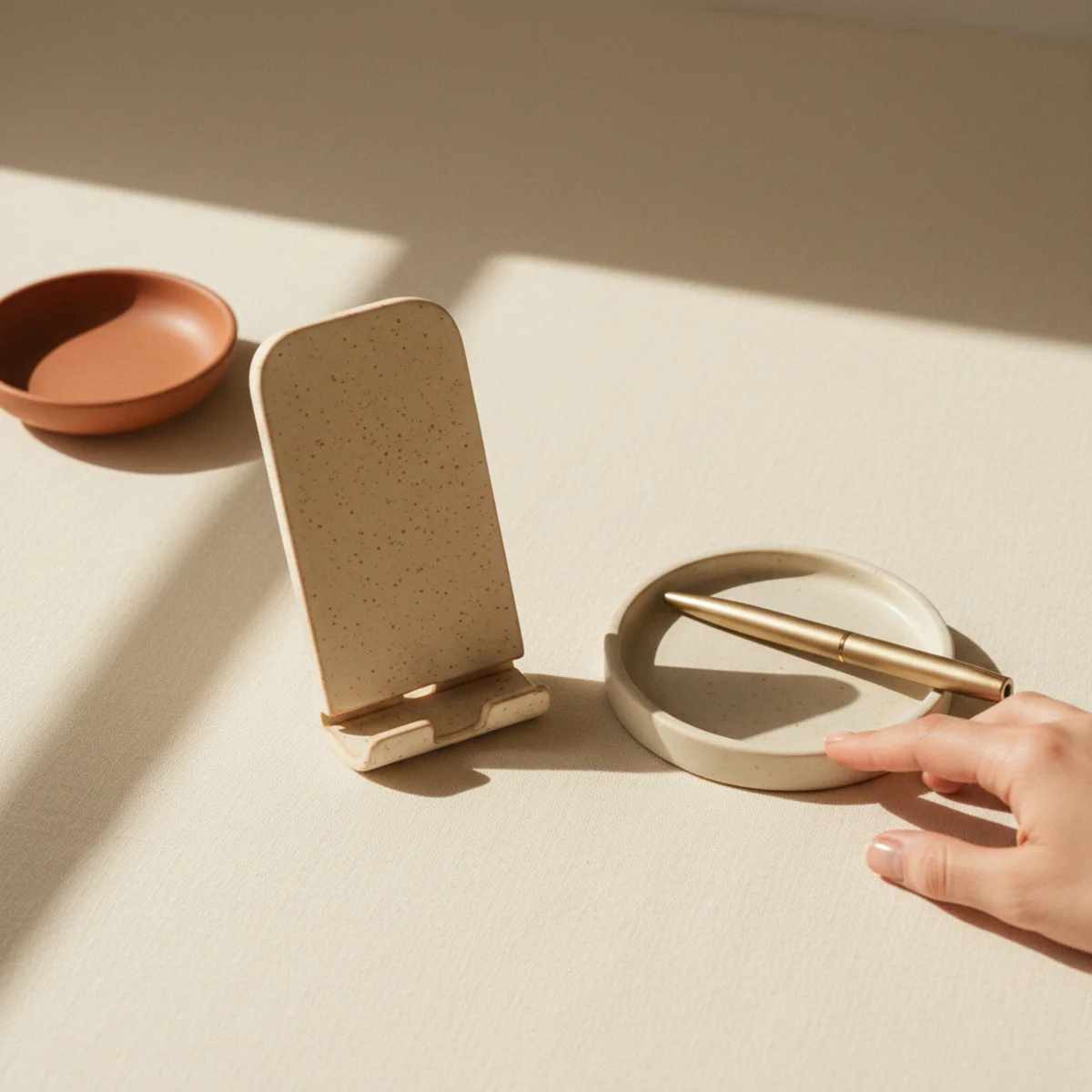 Flat-lay of a marble or ceramic phone stand and a small trinket tray with a gold pen on a clean warm-toned desk surface