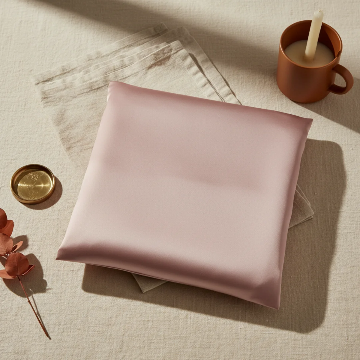 Flat-lay of a single satin pillowcase in soft dusty pink folded neatly on a cream linen surface
