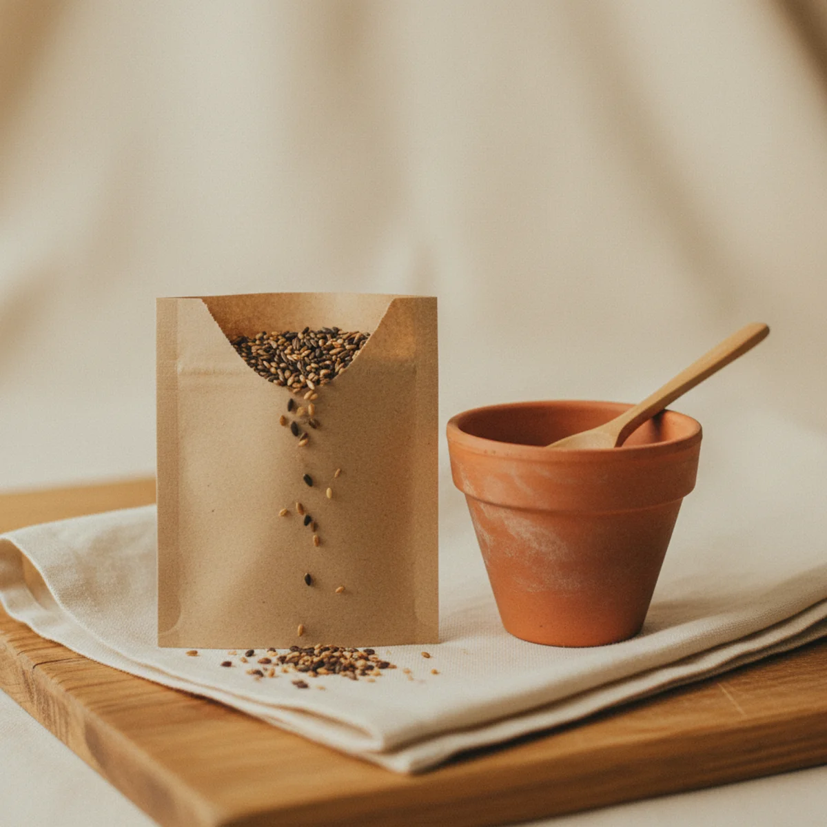 Flat-lay of a small kraft seed packet collection and a clay pot on a warm wooden surface with a wooden spoon